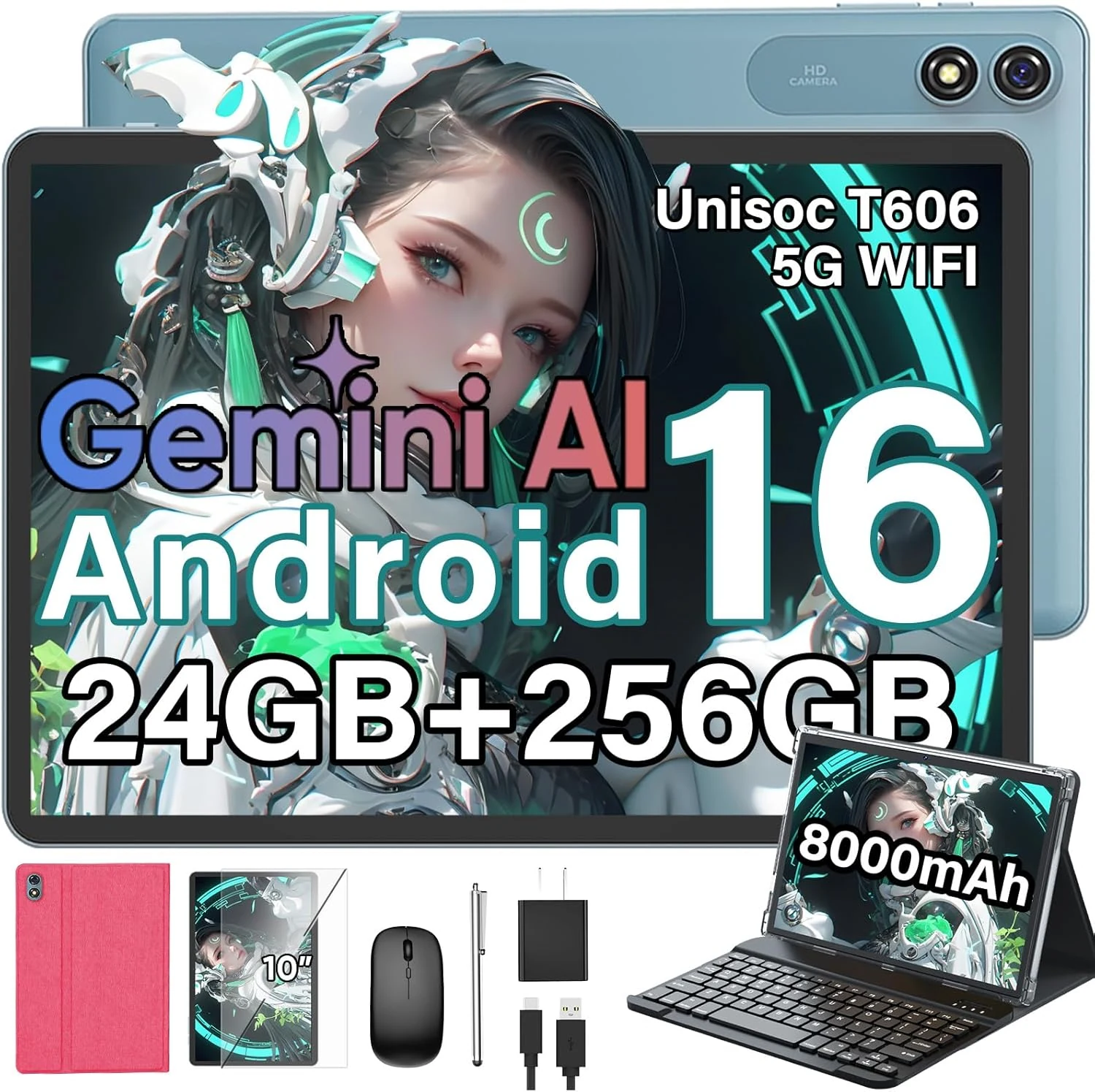 Relndoo 2026 Android 16 Tablet with Keyboard (10.1-inch, 5G, 24GB RAM + 256GB, Pink)
