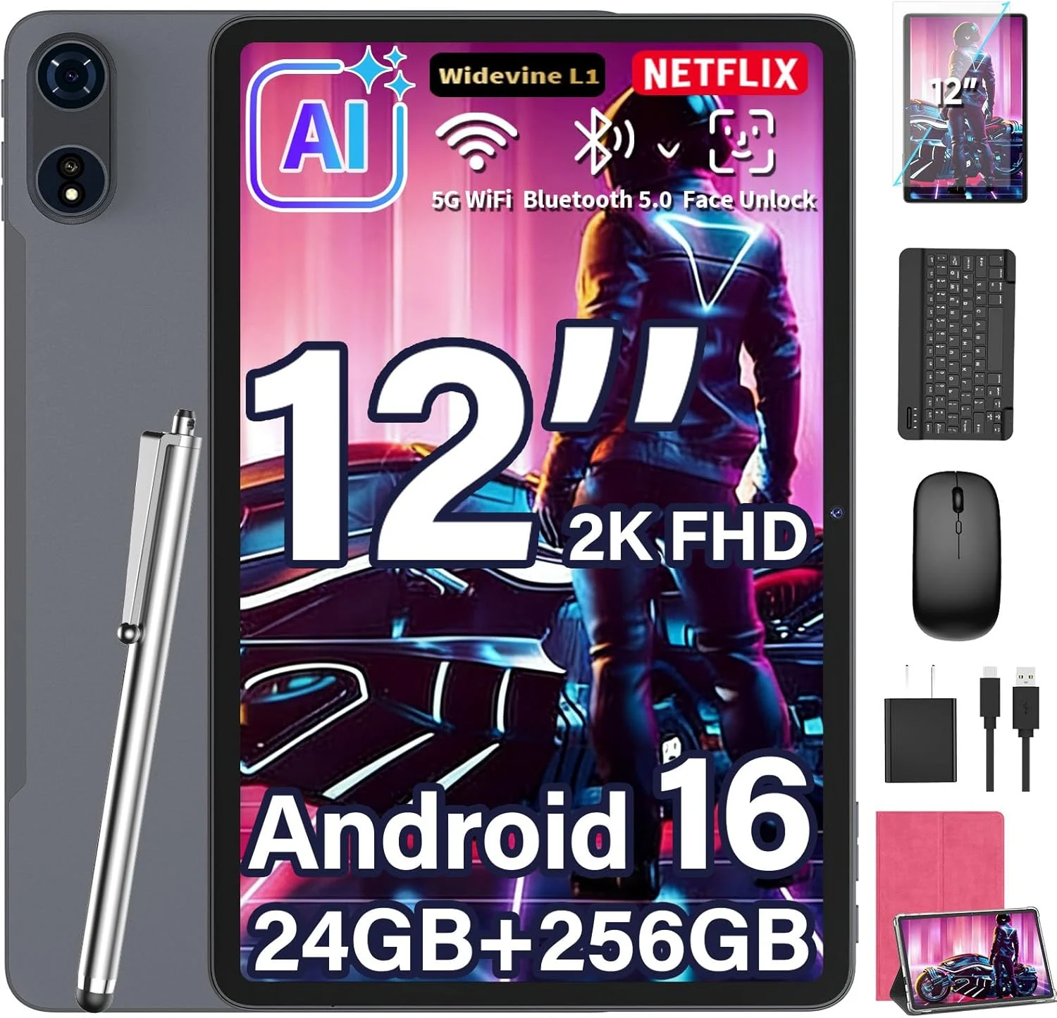 Upgraded 12 Inch Tablet, Android 16 Tablet with Keyboard Bundle (Pink)