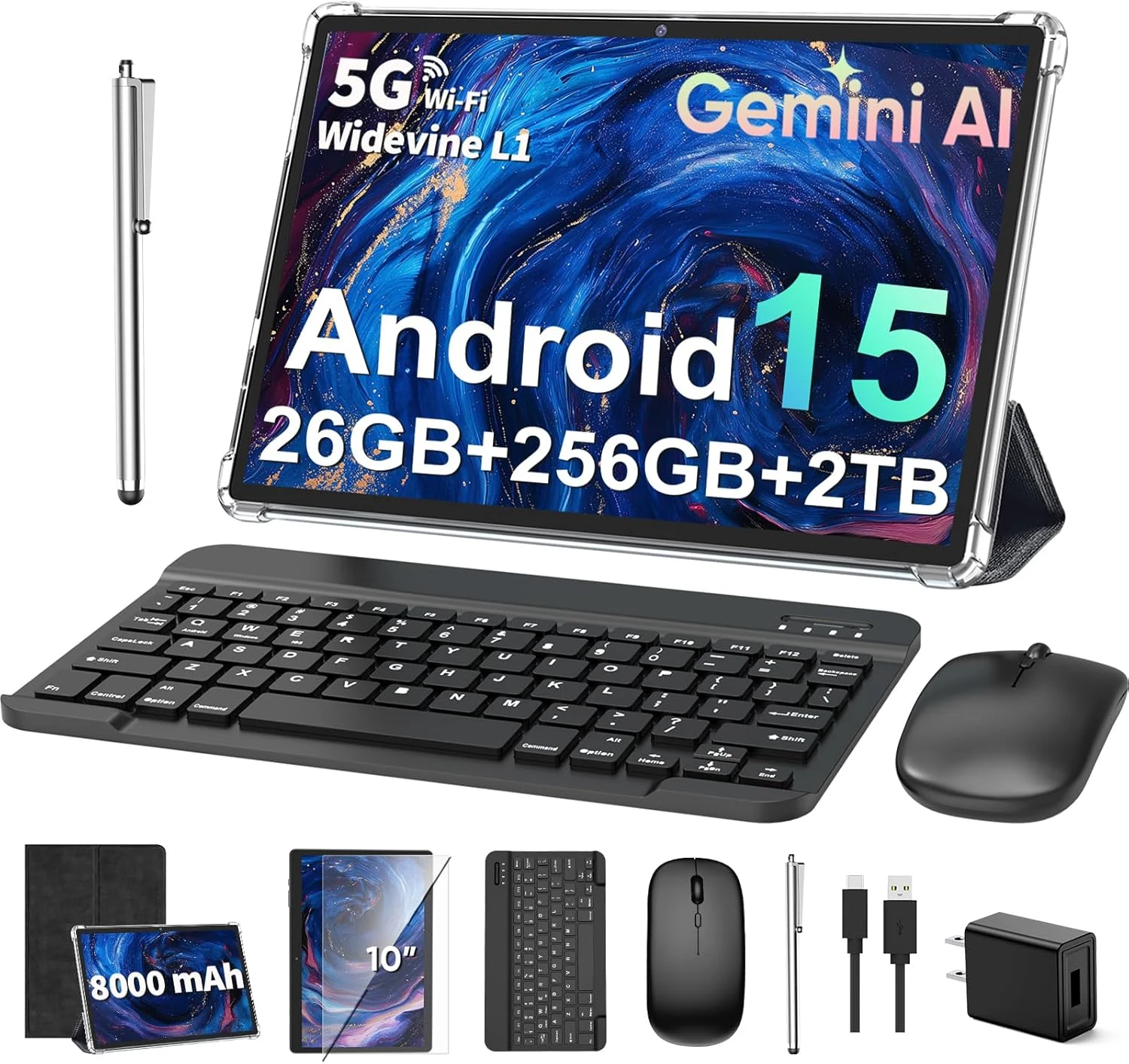 2026 10 Inch Tablet with Keyboard, Android 15 Tablet with Gemini AI, 24GB+256GB+2TB Expand