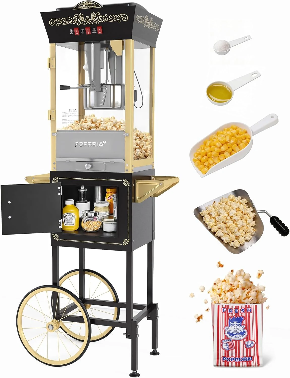Popcorn Machine with Cart, 12oz Retro Professional Popcorn Maker, Movie Theater Style Popcorn Machine with Warming Deck, 64-Cup Large Batch for Home Theater and Party (Black and Gold)