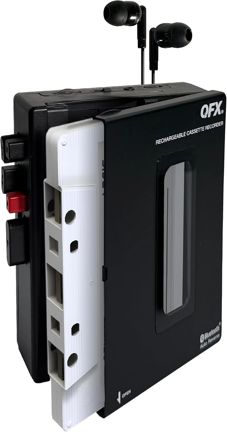 QFX RETRO-1980 Portable Bluetooth Cassette Tape Player Recorder, Auto Reverse, USB-C Rechargeable, Built-in Speaker and Microphone, Stereo Earbuds Included