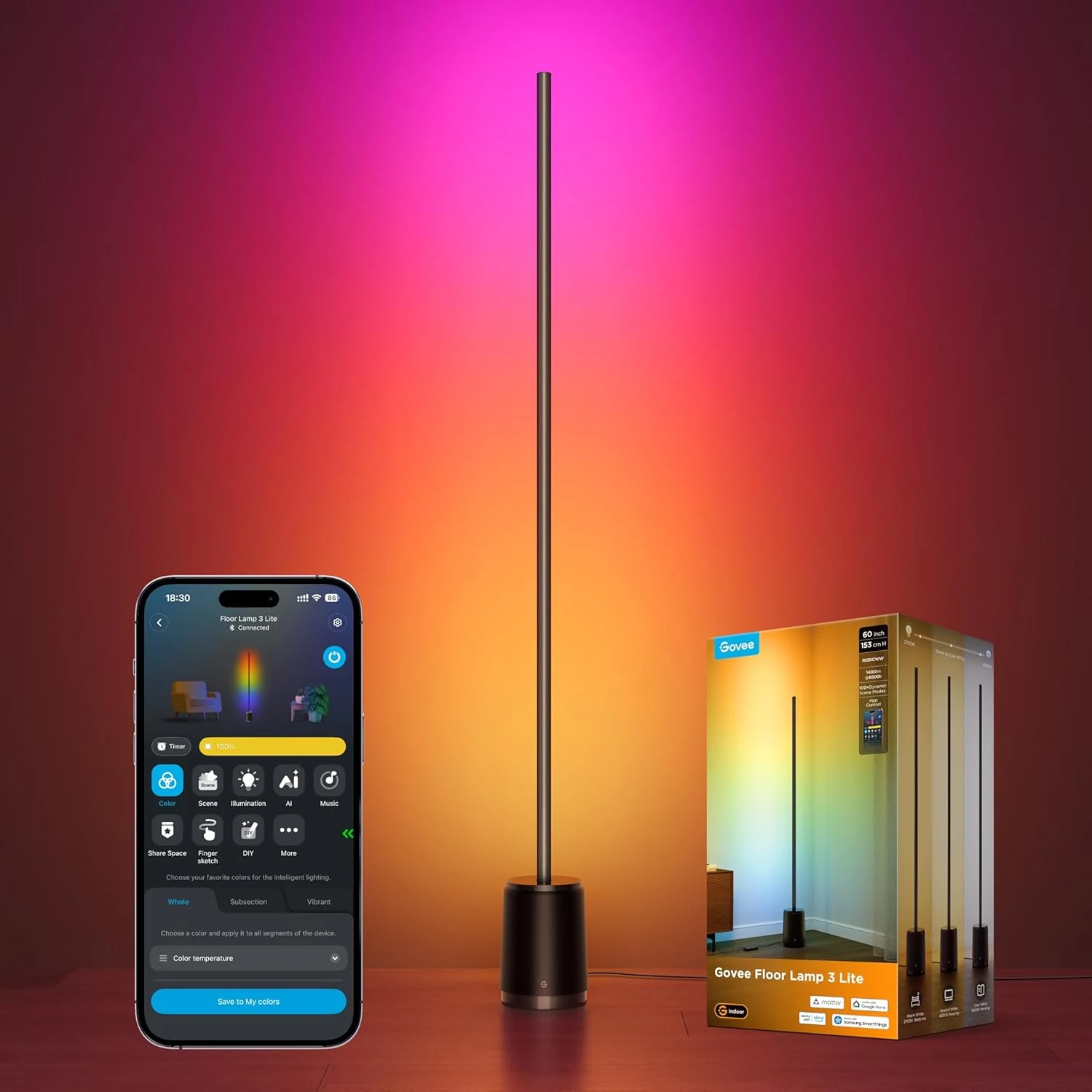 Govee Floor Lamp 3 Lite, Smart RGBIC LED Corner Lamp
