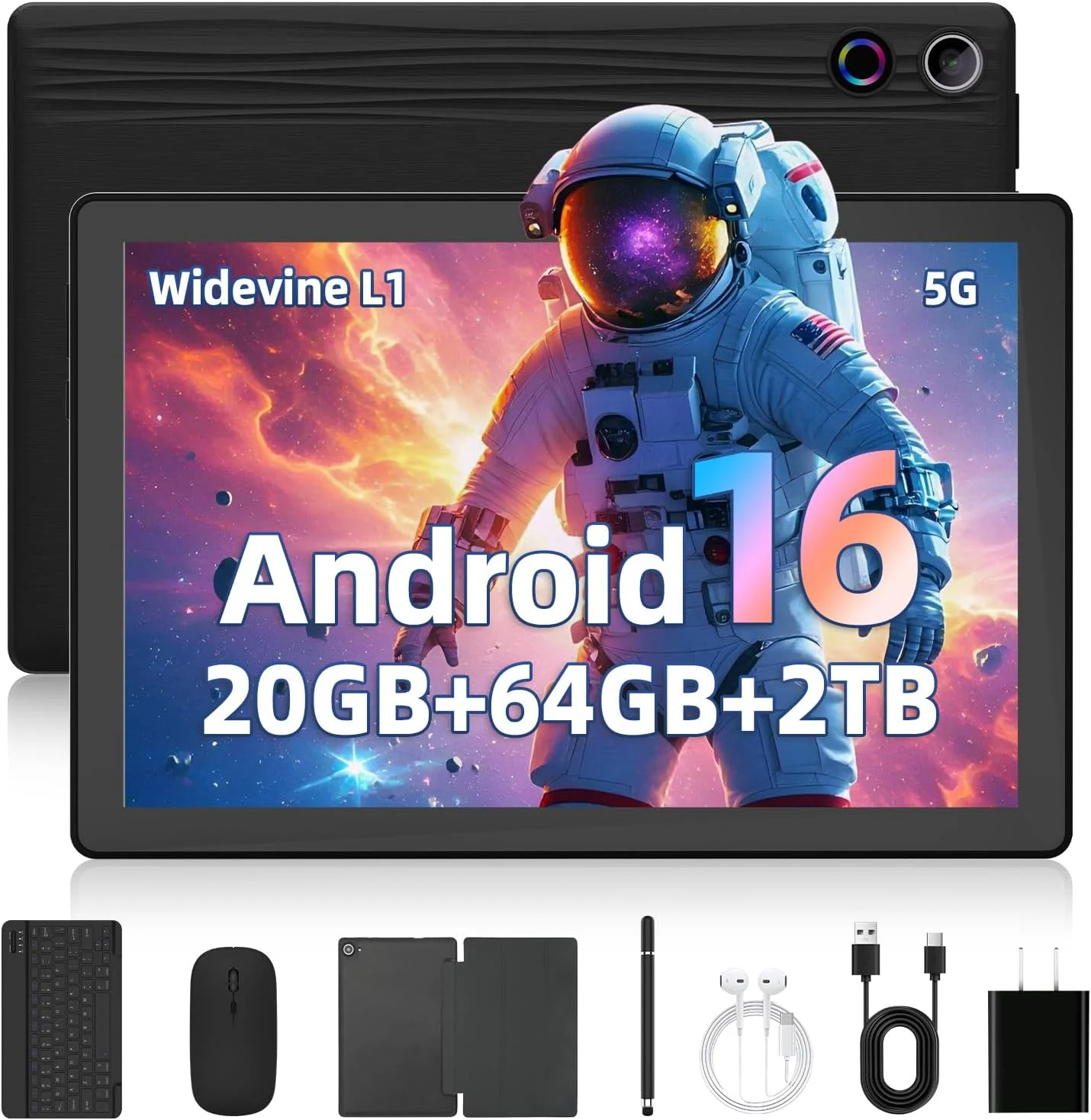 Gleeso Tablet, Latest Android 16 Tablet 10 Inch, 20GB+64GB+2TB TF, 6000mAh Battery, Dual Camera, Widevine L1, Face ID, WiFi 6, BT 5.4, 2-in-1 Tablets with Keyboard Mouse Pen Protective Case