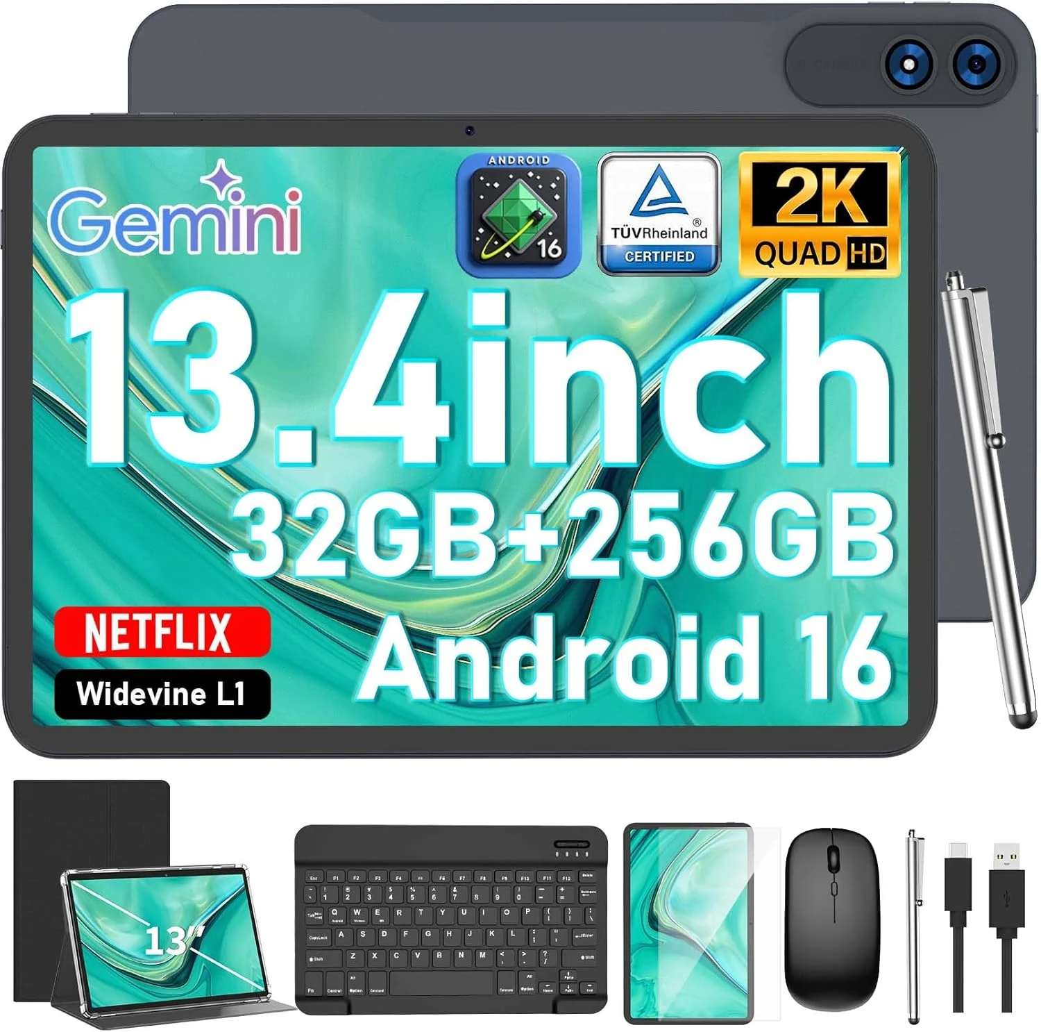 JJGJ 13 Inch Android 16 Tablet with Keyboard (32GB+256GB+2TB Expand)