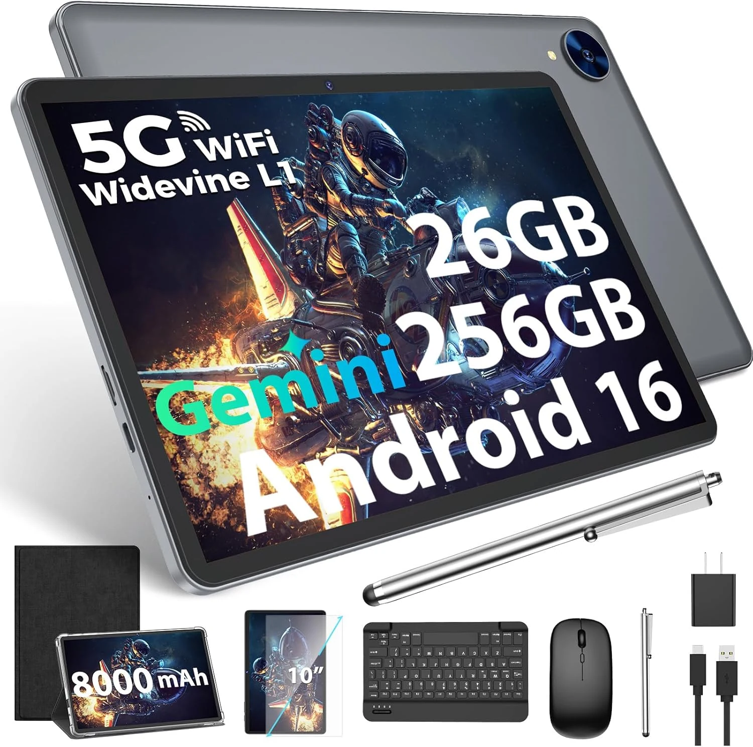 2026 Gemini AI Android 16 Tablet, 10 inch Tablet with Keyboard