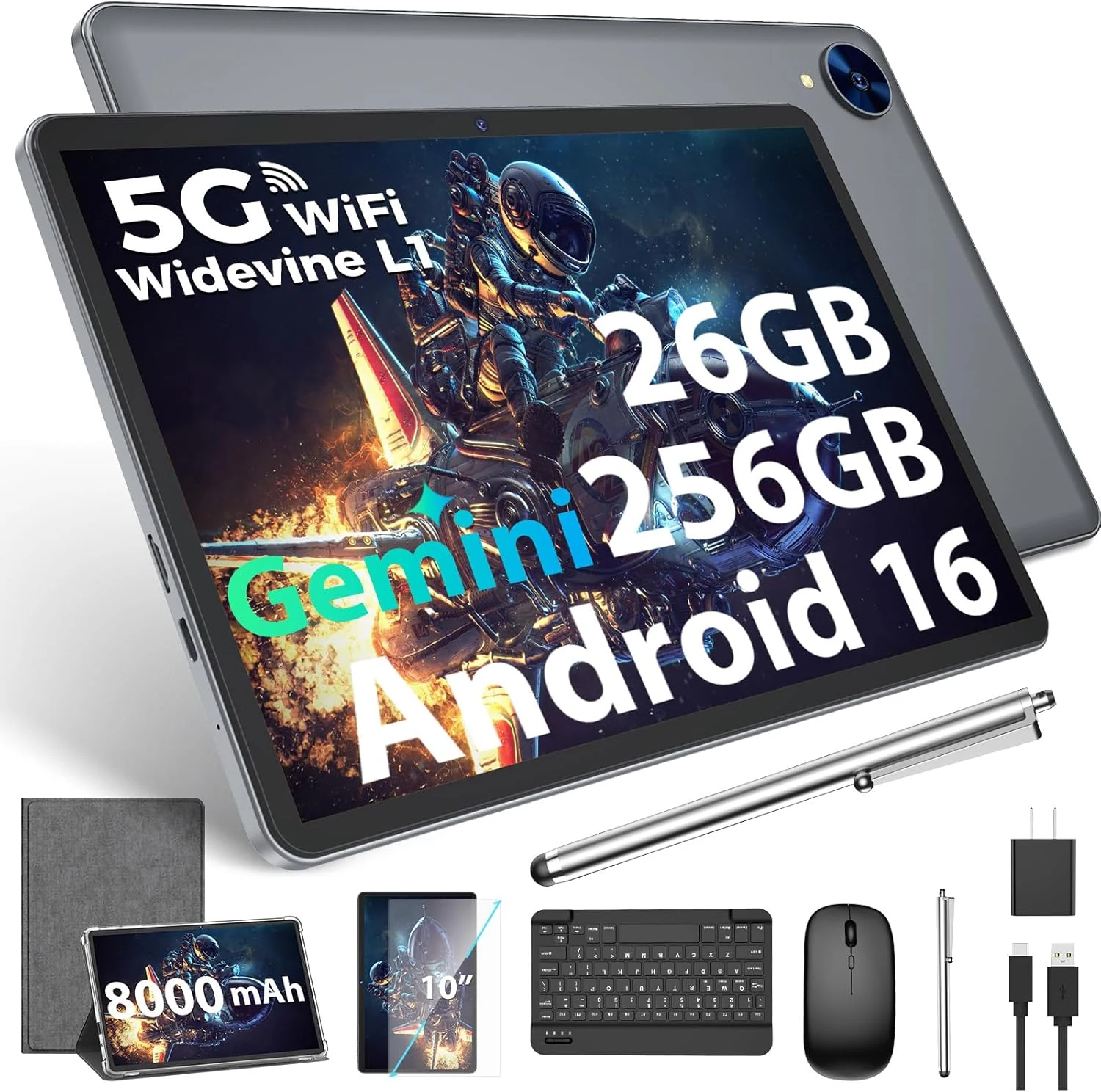 2026 Gemini AI Android 16 Tablet, 10 inch Tablet with Keyboard, 26GB+256GB (2TB Expand)