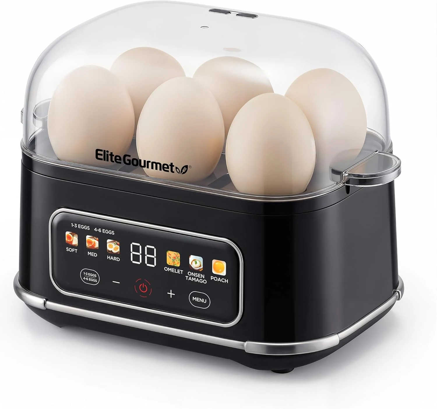 Elite Gourmet Digital Egg Cooker, 6 Egg Capacity, Soft/Medium/Hard Boiled, Onsen Tamago, Poach & Omelet, One-Touch Menu, Audible Alert On/Off, Auto Shut-Off, Black
