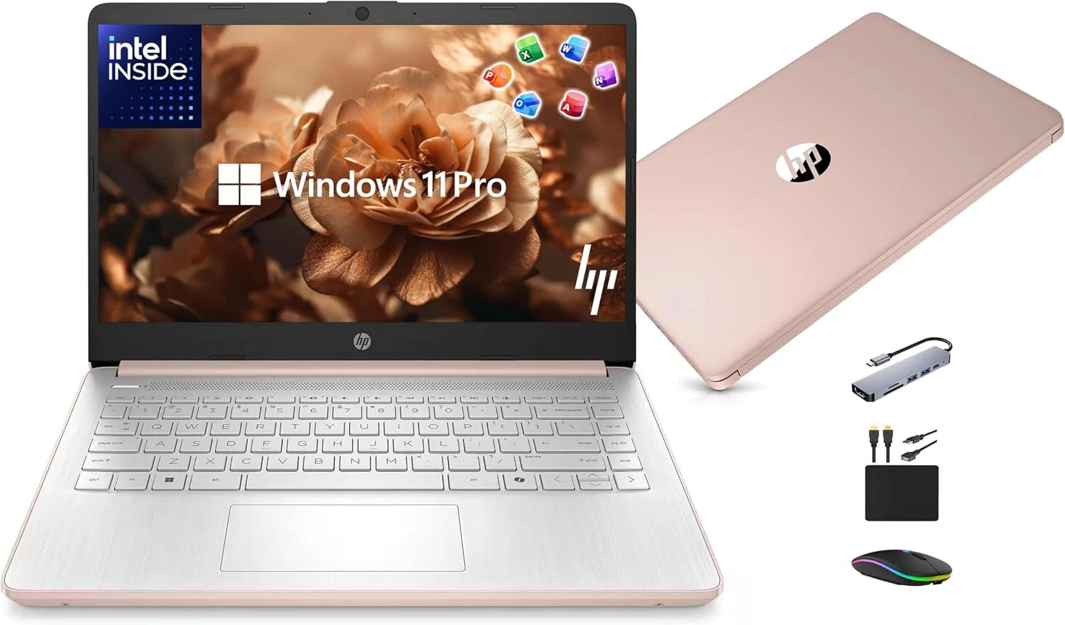 HP 14” Laptop Ultra-Portable Computer 2026 Student Business, MS Office, Copilot AI, Intel 4-Core CPU, 4GB RAM, 628GB Storage (128GB UFS+500GB Ext), Long Battery, MaxsolAccessory, Win 11 Pro, Rose Gold