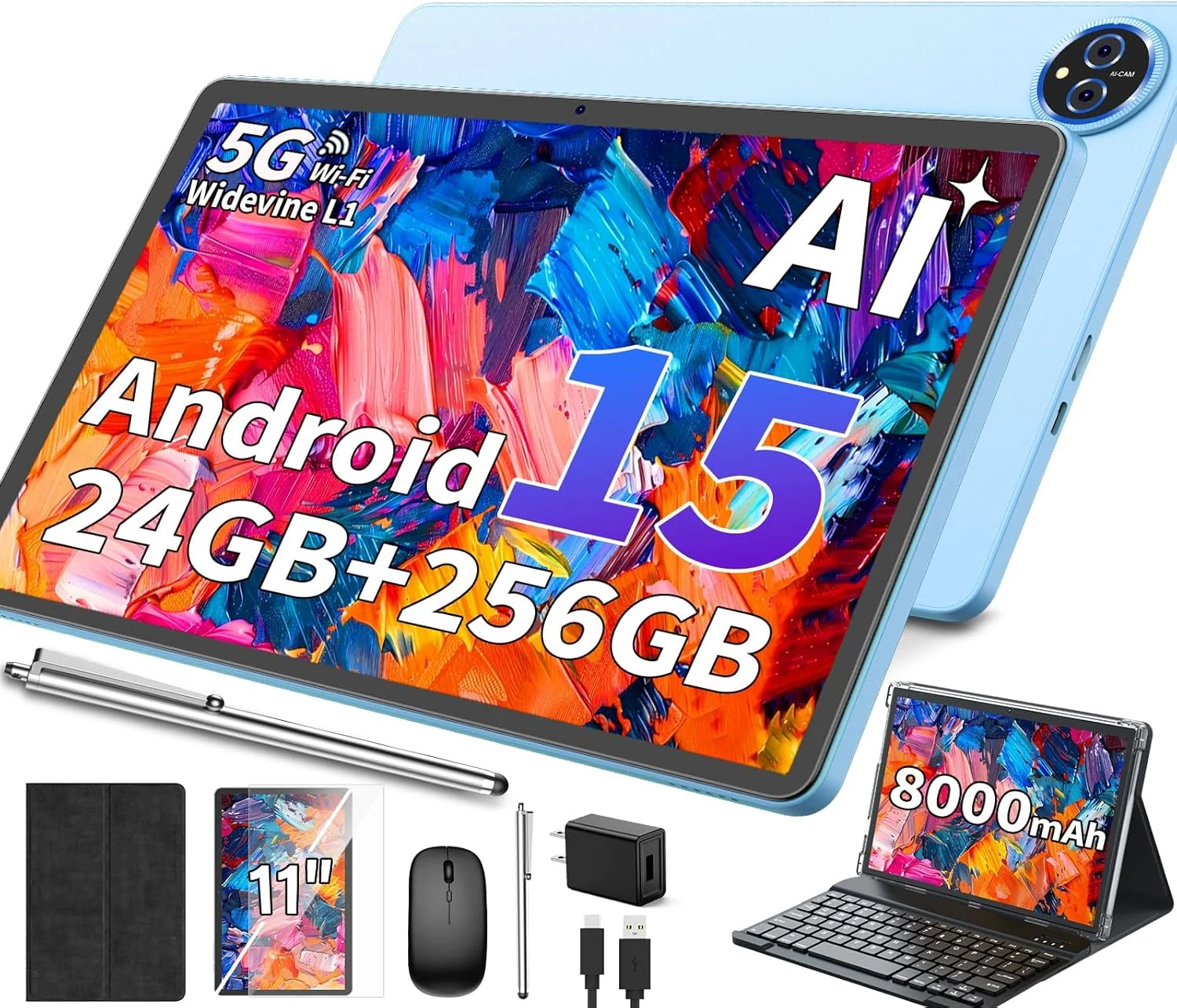 2026 11 Inch Tablet, Android 15 Tablet with Keyboard, 24GB+256GB+2TB+ Expand