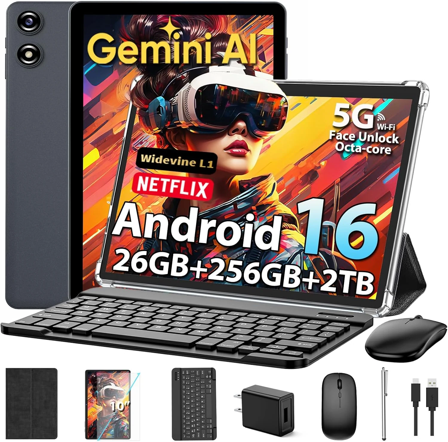 Relndoo 2026 Android Tablet with Keyboard (Android 16, 26GB RAM, 256GB + Expand)