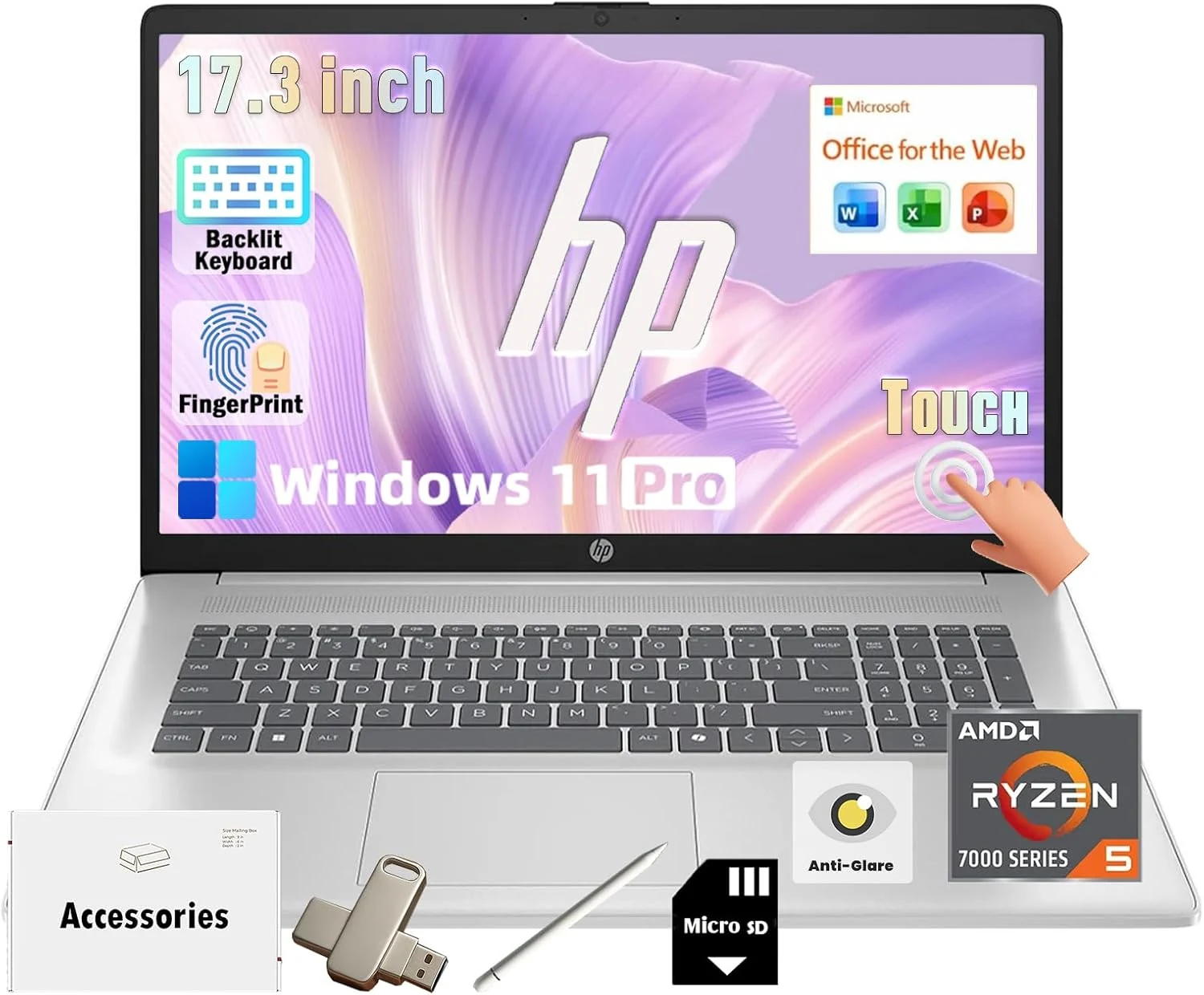 HP 17 Touchscreen Laptop Computers, AMD Ryzen 5 7430U, Win11Pro, Backlit Keyboard, Free Office 365 for The Web, 20GB RAM, 512GB SSD+386GB External, Fingerprint, Fast Charge, Wi-Fi 6