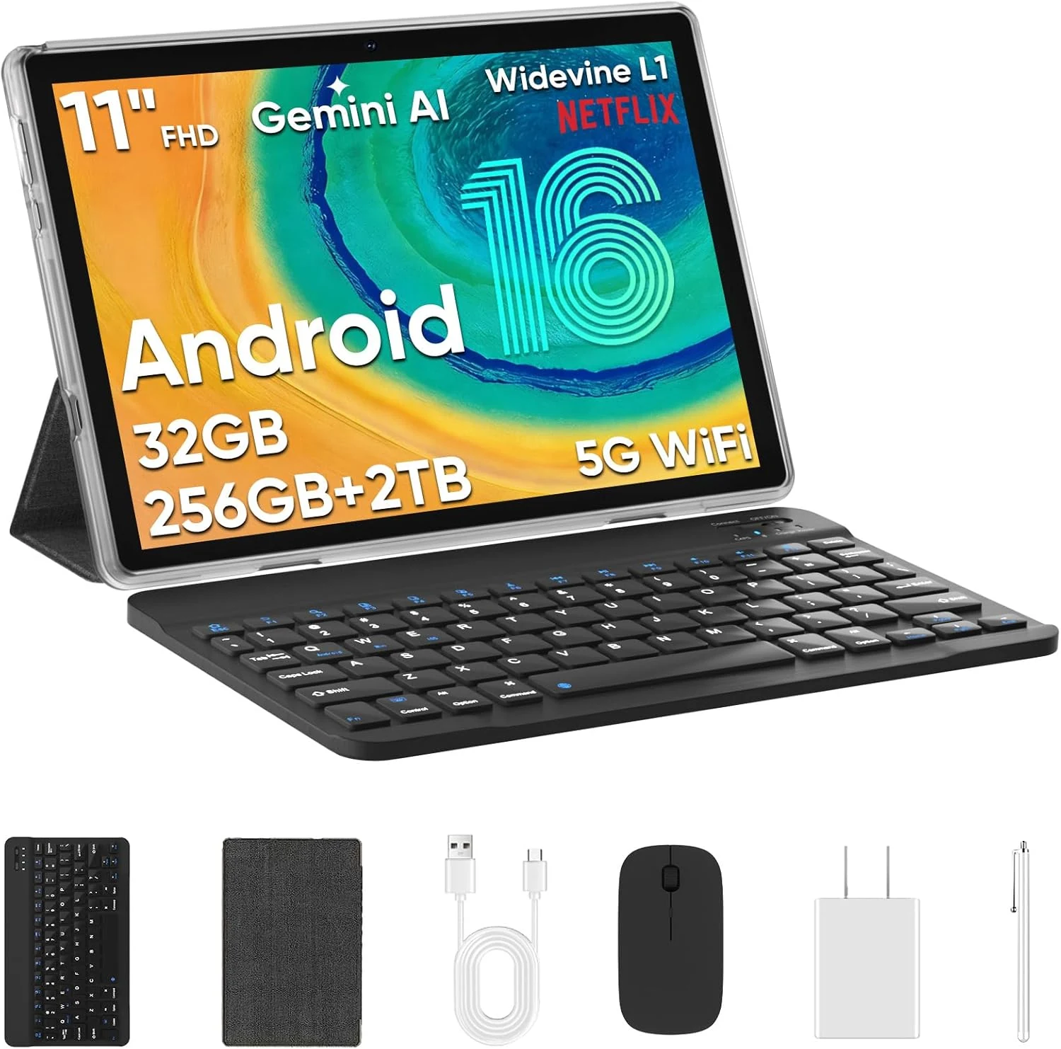 JUNINKE 11 Inch Android Tablet (32GB RAM + 256GB, 8000mAh, Bluetooth Keyboard & Case)