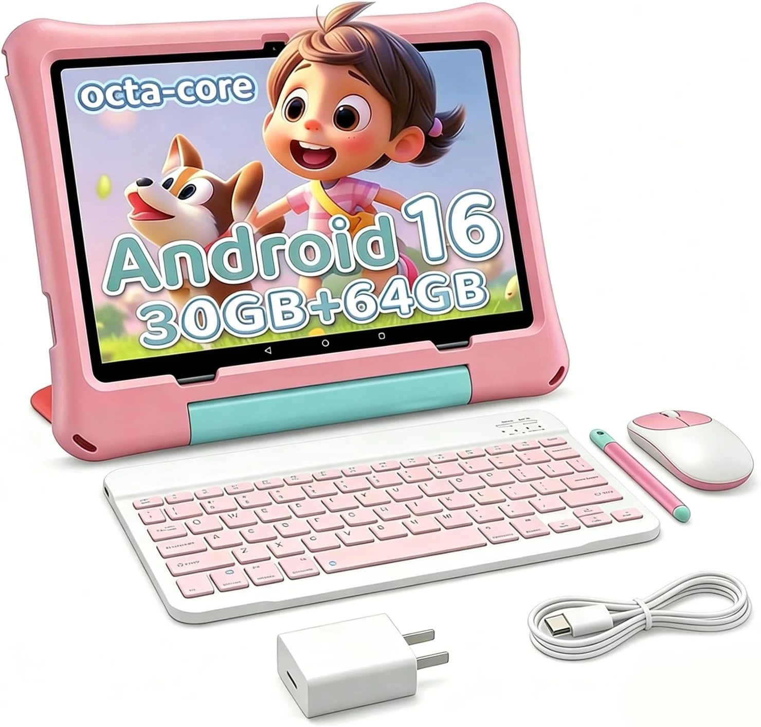 JUNINKE 10 inch Kids Tablet with Keyboard & Stylus, Android 16, 30GB RAM 64GB ROM, 1TB Expandable, Parental Control, 6000mAh Battery, Eye-Care Display