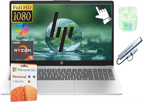 HP 15.6" FHD Touchscreen Laptop Computer with Microsoft Office 365, Windows 11 Laptop, AI Copilot, 8GB RAM 1TB Storage (512GB SSD +512GB External), AMD Ryzen 5 Processor, PLUSERA Earphones, Silver