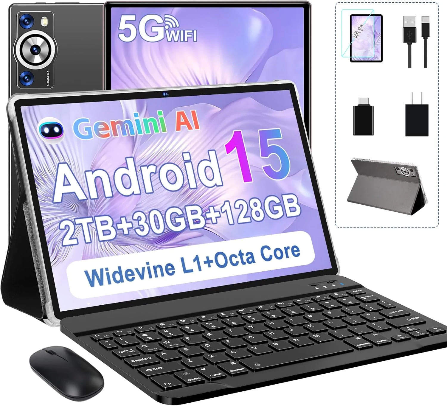 Android 15 Tablet 30GB RAM 128GB ROM 2TB TF, 2026 Electronics Tablets 10 Inch 8000mAh with Keyboard Mouse, 2.0GHz, 5G WiFi, BT 5.0, GMS Certified, Dual Camera, Gemini AI - Metal Black