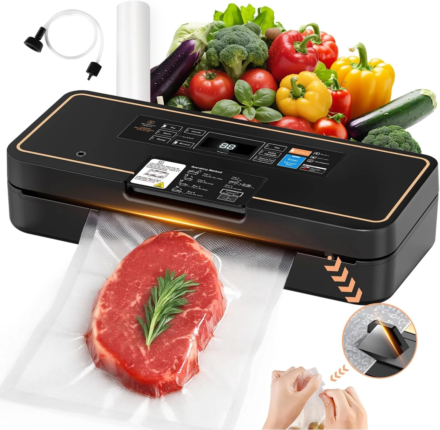 UPRUBE Vacuum Sealer for Food, 95kPa Food Saver Vacuum Sealer Machine, 135W Fast-Sealing with Easy Tear Cutter, Built-in Bag Storage