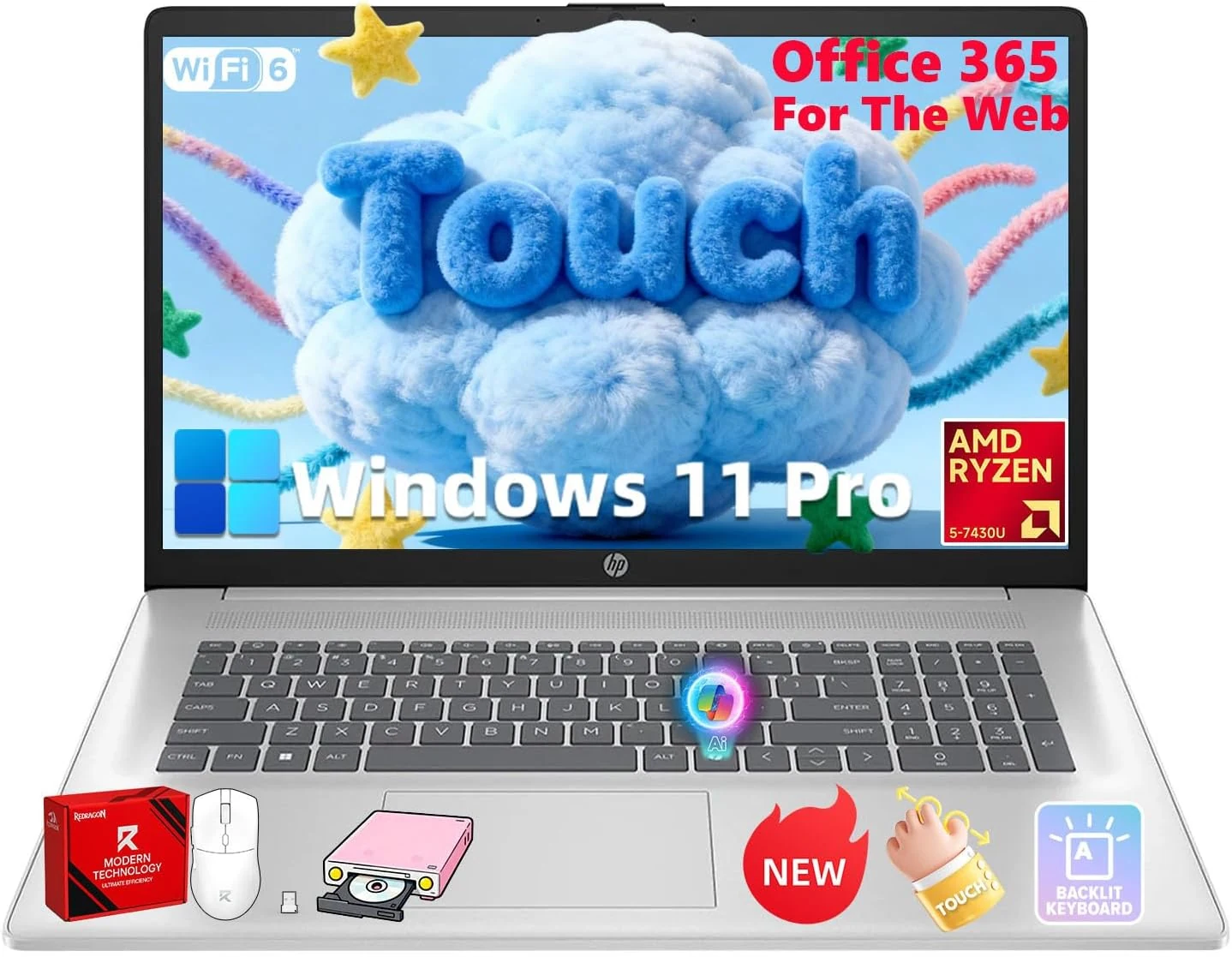 HP 17.3" Touchscreen Business Laptop, AMD Ryzen 5 7430U (6-Core), 20GB RAM, 512GB SSD