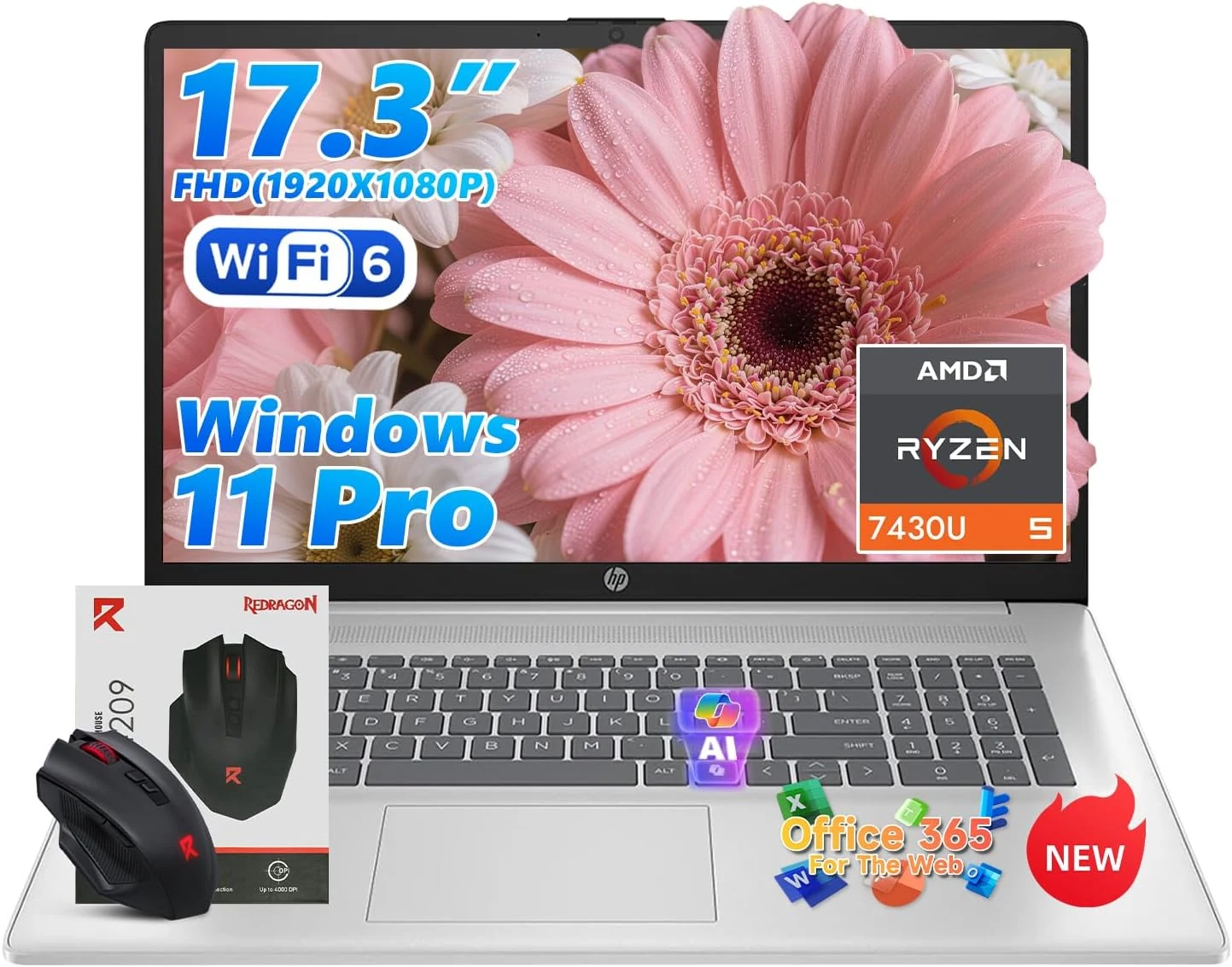 HP 17 inch laptops, AMD Ryzen 5 7430U(Beats i7-1355U), 20GB RAM 512GB NVMe SSD, Windows 11 Pro + Office 365 for the Web, 17.3" FHD IPS, USB-C, Numeric Keyboard, w/AI Voice Recorder