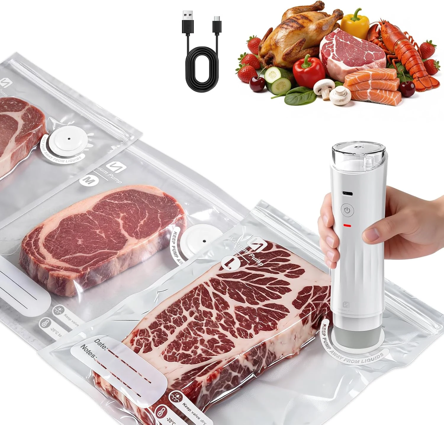 TURNRISE Compact Vacuum Sealer for Food (Handheld, with 15 Reusable Bags)