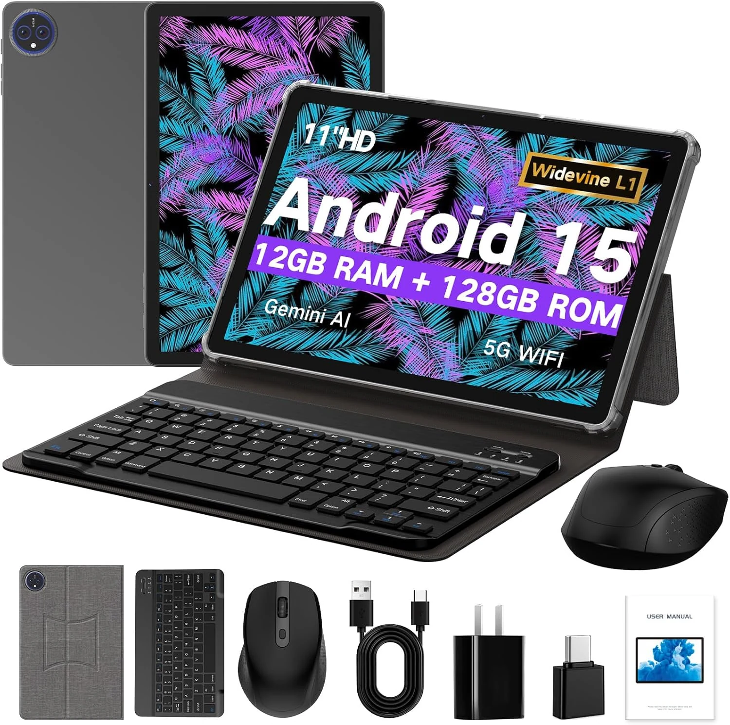 JUNYANG Tablet, 11 Inch Android 15 Tablets with Keyboard/Case/Mouse, 12GB+128GB+2TB Expandable, Octa-Core AI Tablets with WiFi 6, 8000mAh Battery, HD Large Touchscreen, 2in1 Tablet for Gaming