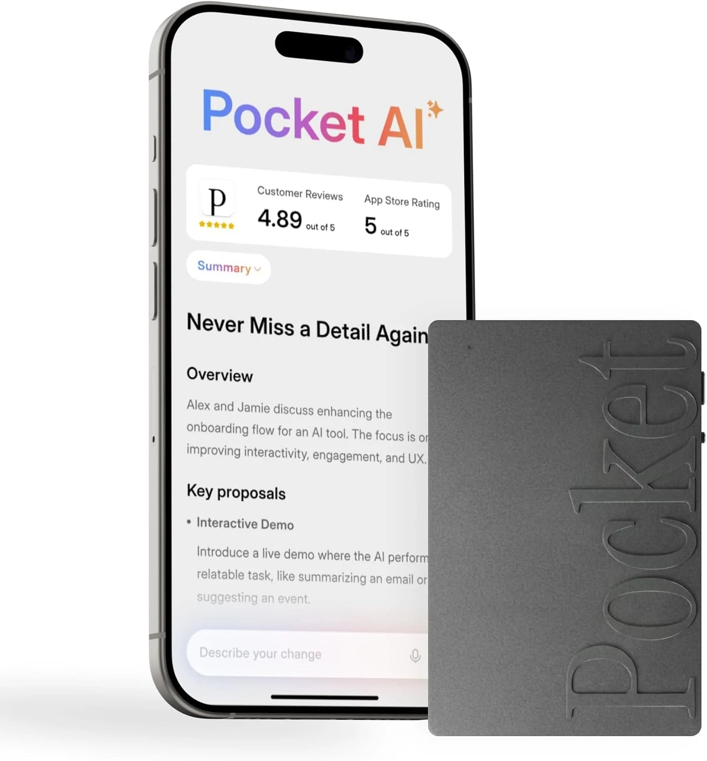 Pocket AI Voice Recorder & Smart Assistant – Auto Transcription, Summaries & Action Items – AI Note Taker for Meetings, Calls & Productivity - Space Grey