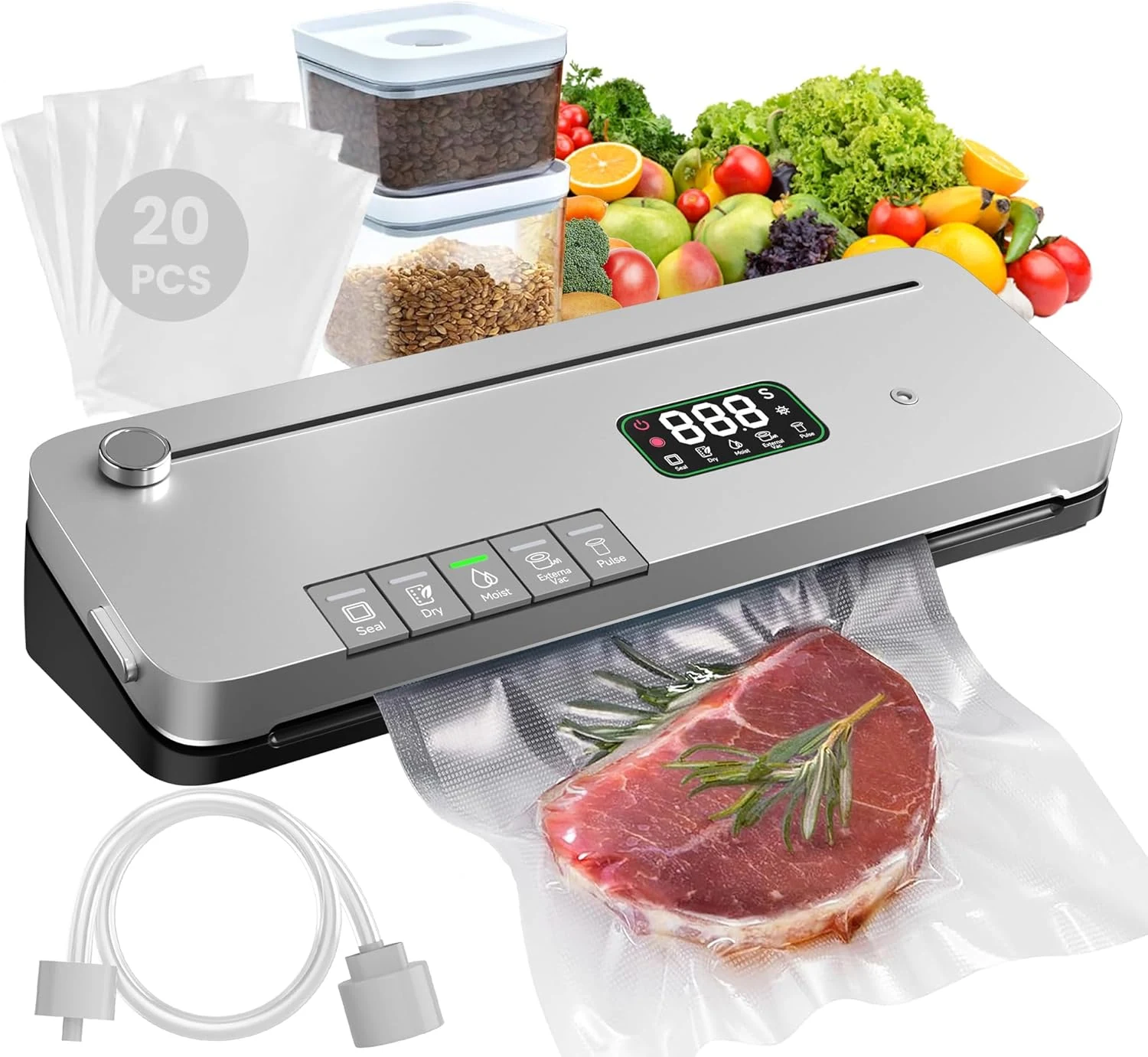 Food Vacuum Sealer Machine 75kPa, Built-in Cutter, Pulse Function, Pulse Function, Digital Timer Dry/Moist Modes, External Vacuum for Jars, 20 Bags Included, Compact Design for Meal Prep Sous Vide and Bulk Storage