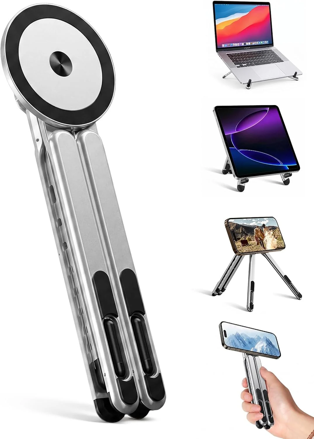 4-in-1 Foldable Laptop Stand & Magnetic Phone Holder, Silver Aerospace