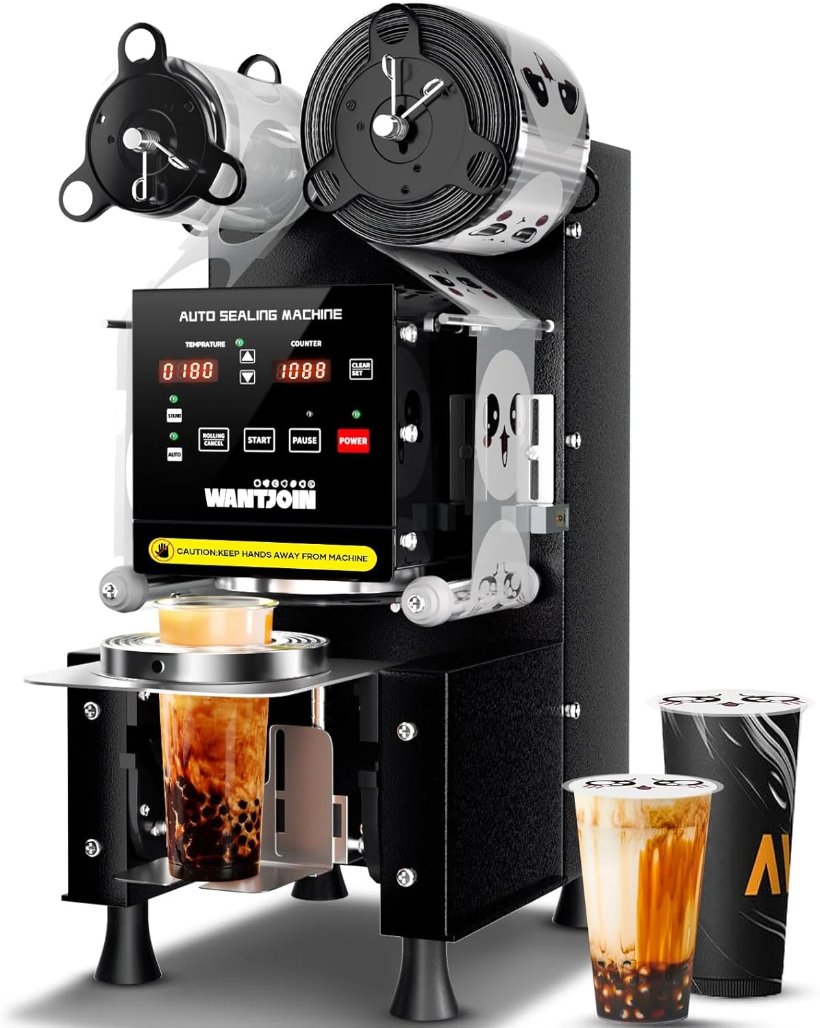 WantJoin Cup Sealing Machine - Commercial Boba Sealer Machine 2S Sealing Auto Film Alignment 90/95mm LED Panel Temperature Control