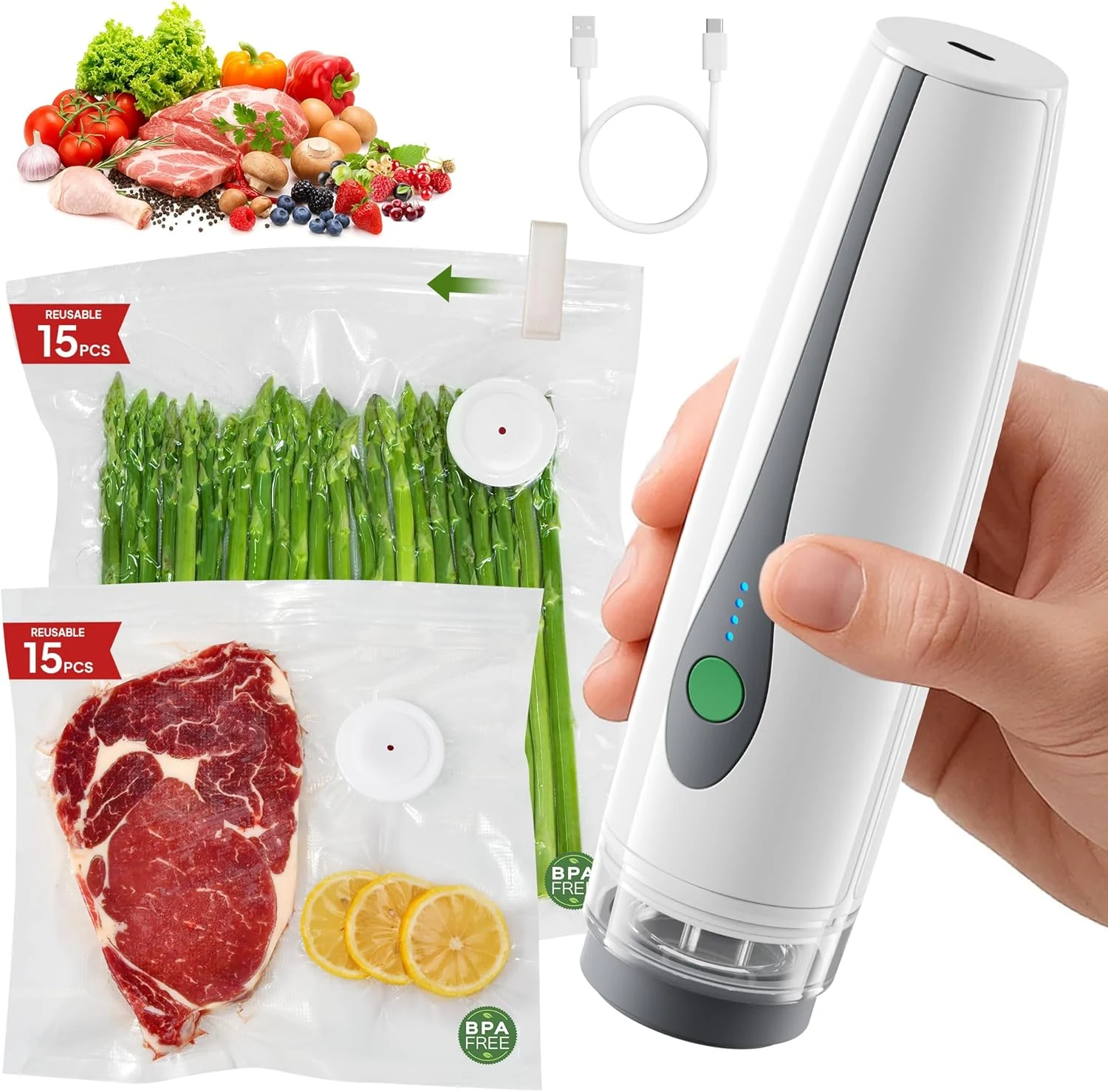 TUITUITA Compact Vacuum Sealer for Food (Handheld Vacuum Sealer Machine + 30 Reusable Vacuum Bags)