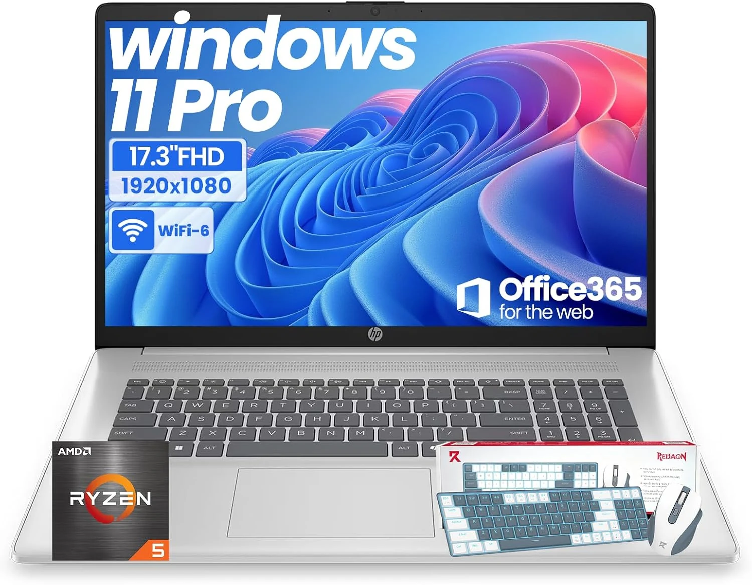 HP 17 Inch Laptop for Business, Office 365 for the Web, 20GB RAM & 512GB SSD, AMD Ryzen 5 7430U 6-Core Processor, FHD IPS Display, Windows 11 Pro, AI Copilot, Full Numeric KB