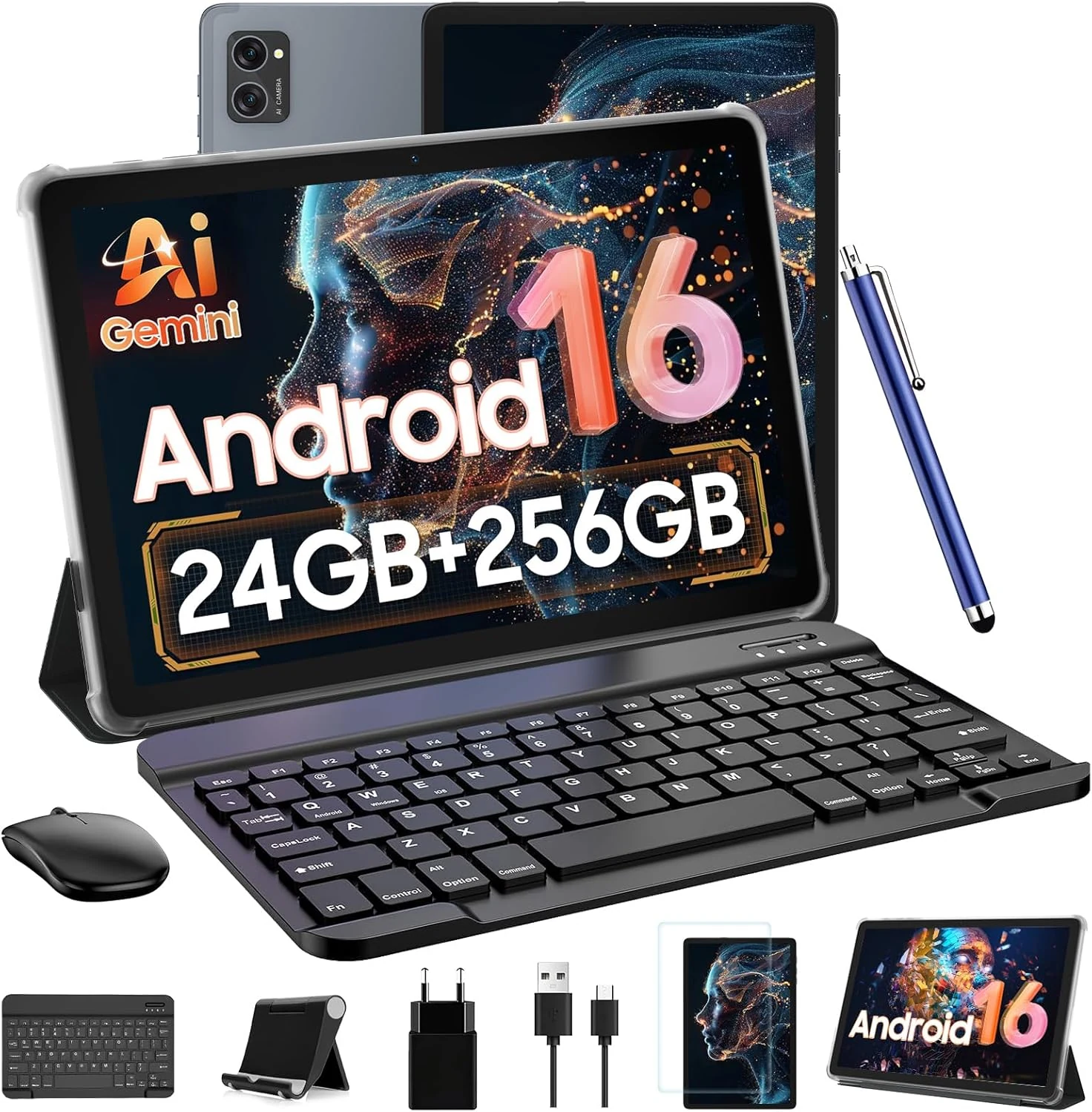 Tablet 2026 Latest Android 16 Tablet, 10 Inch Tablet with 24GB RAM 256GB ROM (2TB Expandable), Octa-Core Android Tablet with Gemini AI, Widevine L1, 5000mAh, 2in1 Tablet with Keyboard, Mouse & Pen
