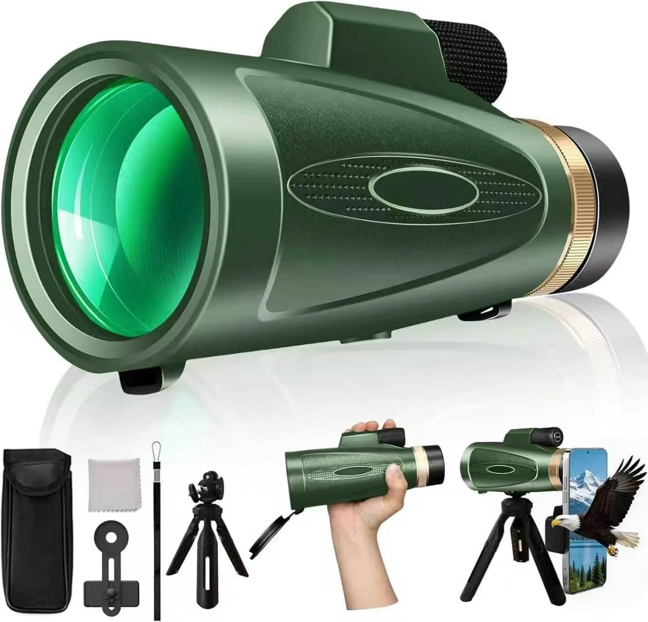 Monocular Telescope 12X60 HD High Power with Smartphone Adapter Tripod,Larger Vision Monoculars for Adults with BAK4 Prism & FMC Lens, Suitable for Bird Watching Hunting Hiking Camping Wildlife-Green