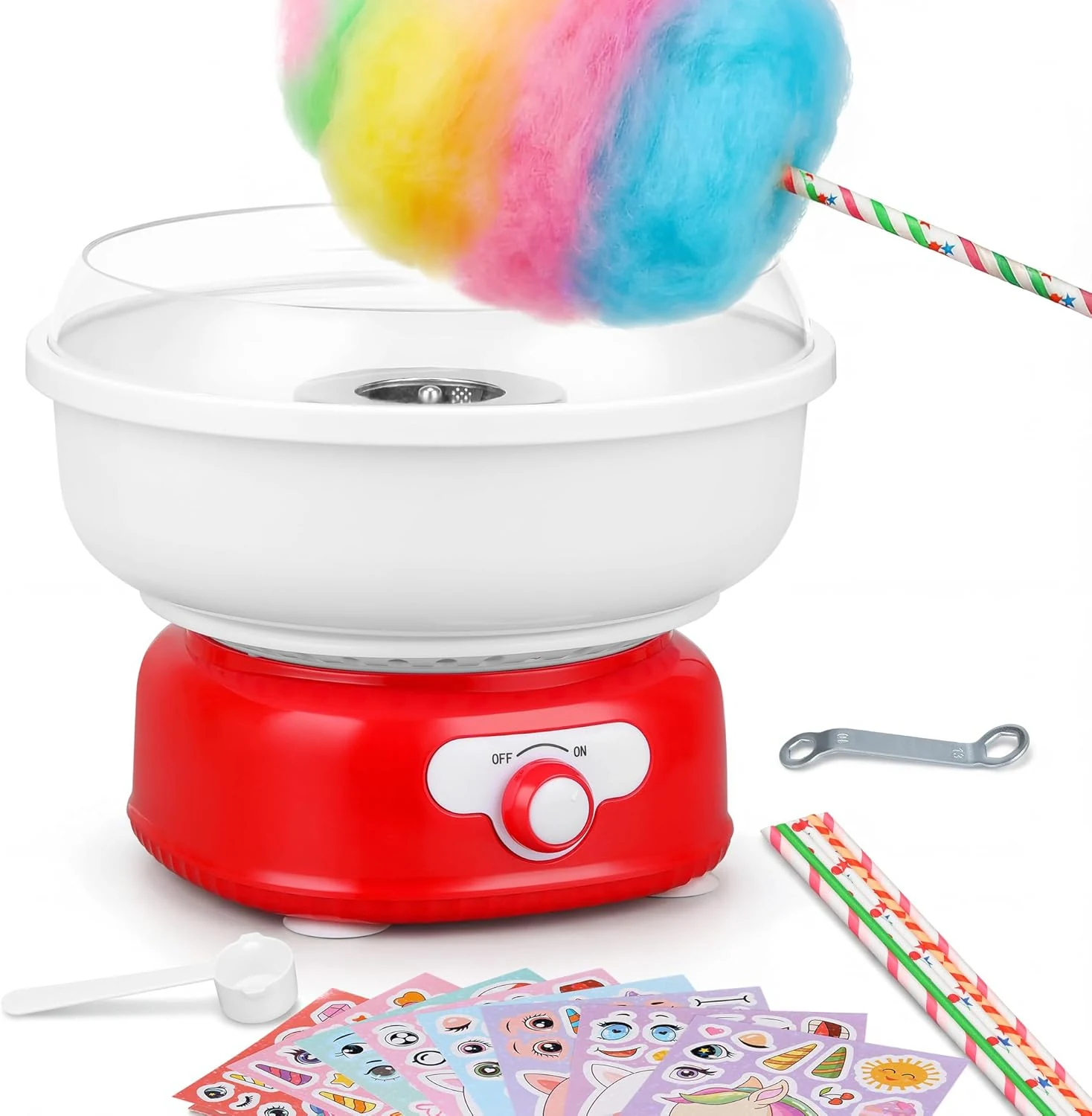 Cotton Candy Machine,Cotto Candy Maker for Kids with Cartoon DIY Stickers,6 Paper Cones & Sugar Scoop,Homemade Candy Machine for Birthday, Party Gatherings,Christmas Halloween Gift,Red