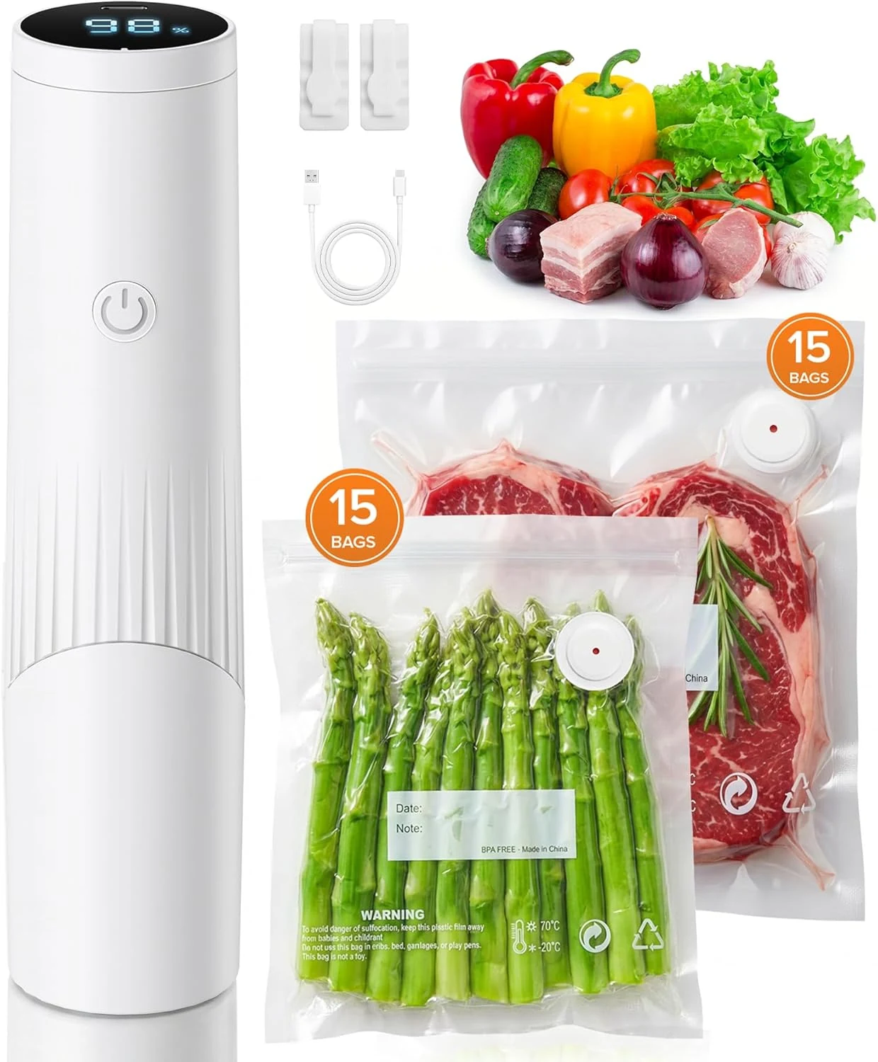 1800mAh Compact Vacuum Sealer for Food (Vacuum Sealer Machine + 30 Reusable Bags)