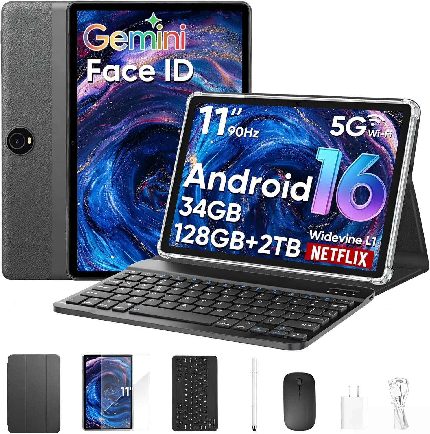 HNVHNV Android 16 Tablet 11 inch Tablets with Keyboard, 34GB+128GB+2TB Expand, 2.2 GHz Octa-Core, 90Hz FHD+ IPS Display, Gemini AI, 8000mAh, GPS, 2-in-1 Tablet with Case, Mouse, Stylus (Gray)