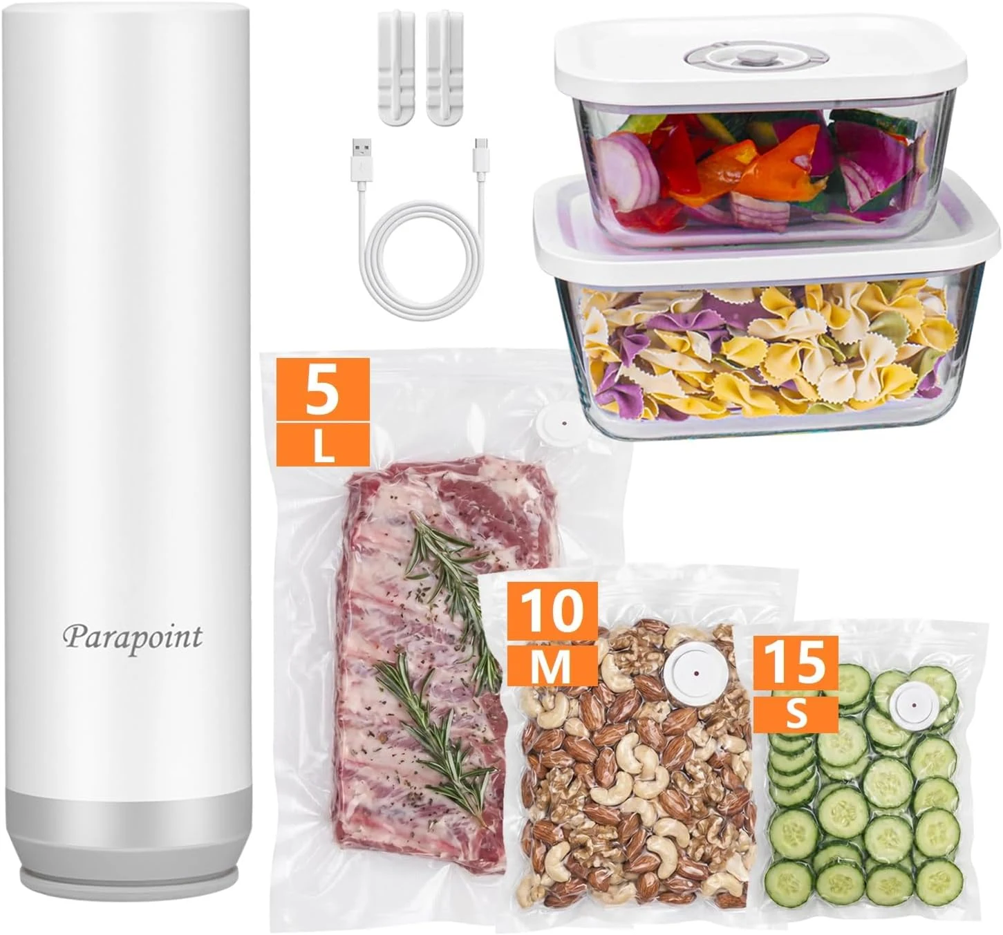 Handheld Vacuum Sealer for Food Powerful Vacuum Sealer Machine,Seal Meal Saver,Portable Food Sealer (Vacuum Sealer Machine + 2 Glass Vacuum Containers + 30 Reusable Vacuum Bags）