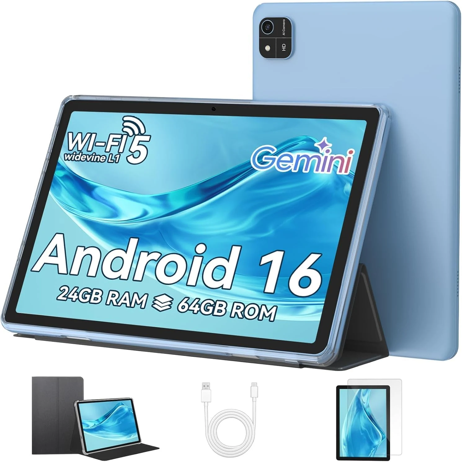 EHFiDC Tablet 10 Inch, Android 16 Tablets with Octa-Core Processor, 24GB RAM 64GB Storage 2TB Expandable, 1280x800 IPS HD Display, GPS, 5MP+8MP Dual Camera, 6000mAh Battery, Tablet with Case, Blue