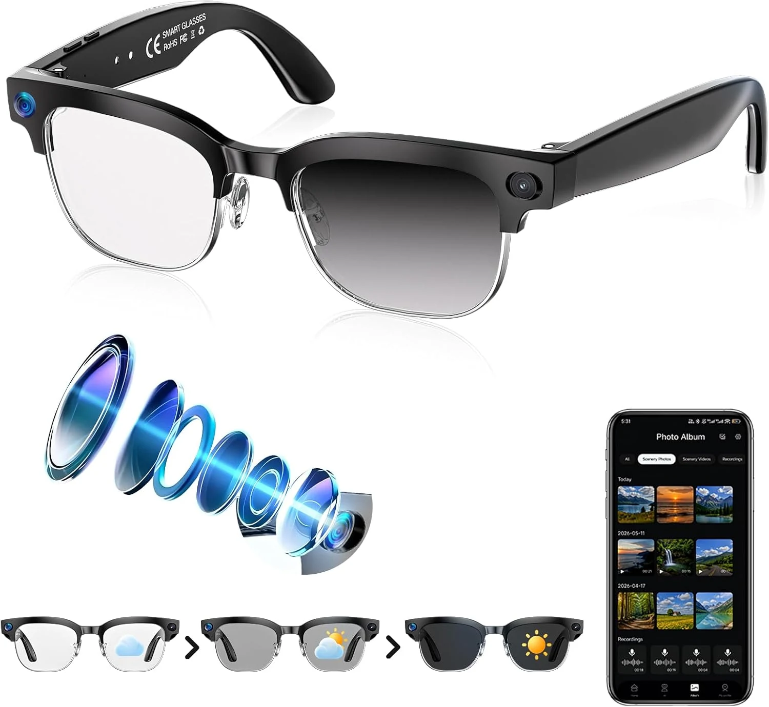 AI Smart Glasses with Camera, 4K EIS Anti-Shake Video & Photo Capture, Real-Time Translation,Open-Ear Bluetooth Audio, Object Recognition, Recording Sunglasses with Photochromic