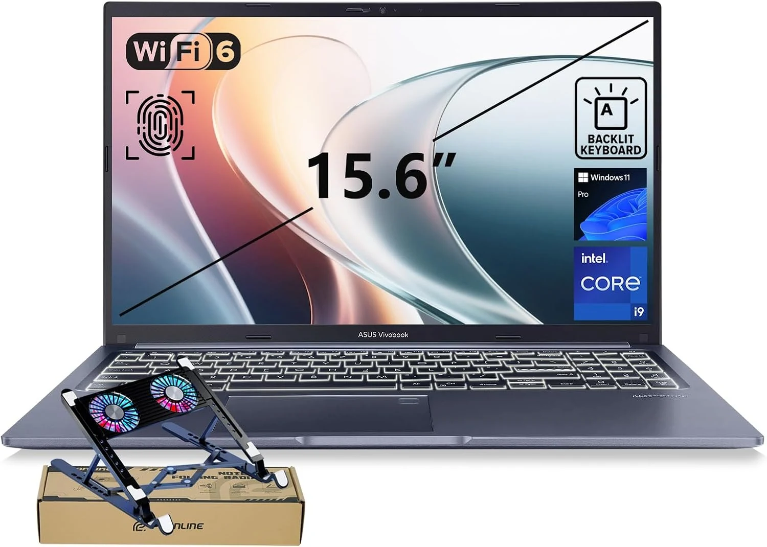 ASUS Vivobook 15 Laptop, 15.6" FHD, Intel Core i9-13900H, 32GB RAM, 1TB SSD, Next Gen AI Ready, Physical Webcam Shield, Backlit Keyboard, Fingerprint Reader, Wi-Fi 6, Win11 Pro, Blue, PCO Bundle