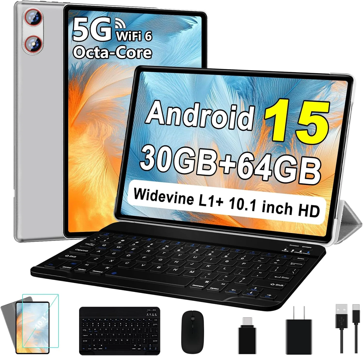 2026 Tablet 10 Inch Android 15 Tablets with Gemini AI, 30GB+64GB+1TB Expand, Octa-Core Electronics Tablets with Keyboard, 6000mAh, HD IPS Display, 5G WiFi, Split Screen, Widevine L1 - Sliver