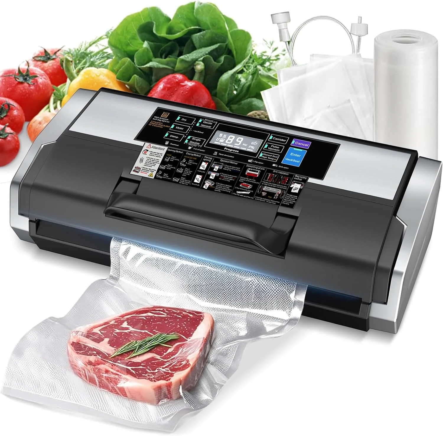 95KPa Vacuum Sealer Machine- Fully Automatic Commercial Food Sealer with 10-in-1 System, Double Heat Seal, Easy-Lock Handle & Built-in Cutter, Includes 1 Roll + 15 Bags (Black Silver)