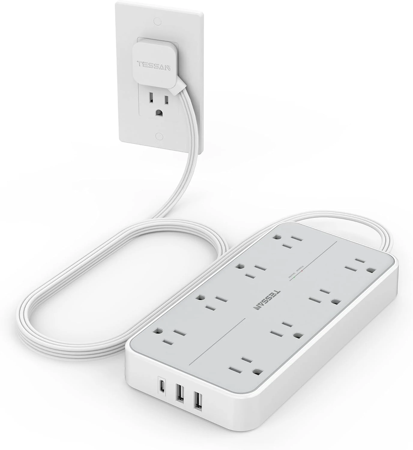 TESSAN Power Strip Surge Protector, Flat Plug Extension Cord with 8 Outlets 3 USB Charger(1 USB C), 1080 Joules Protection, Wall Mountable Charging Station for Home Office School Dorm Room Essentials