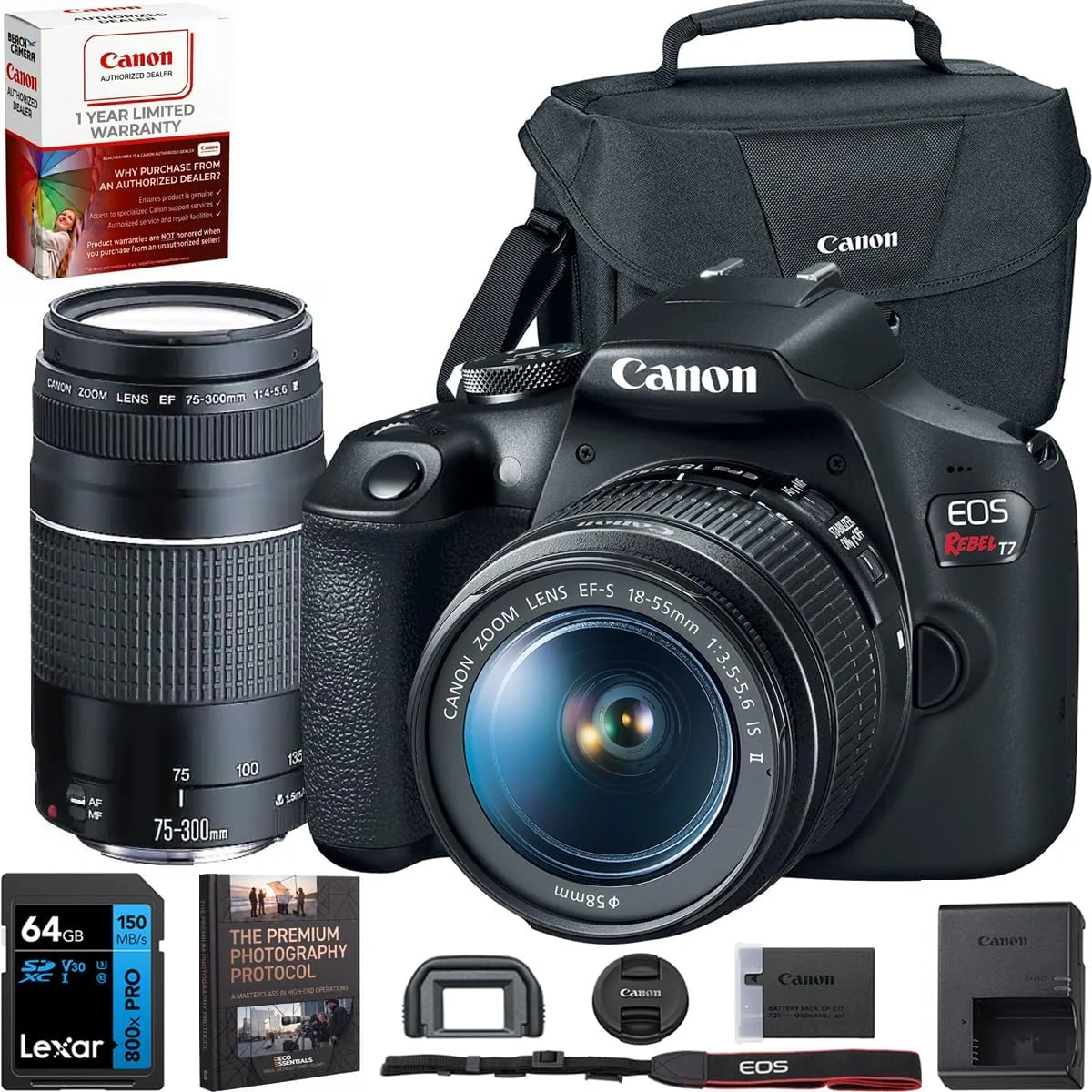 Canon EOS Rebel T7 DSLR Camera with EF18-55mm + EF 75-300mm Double Zoom Kit 2727C021 Bundle