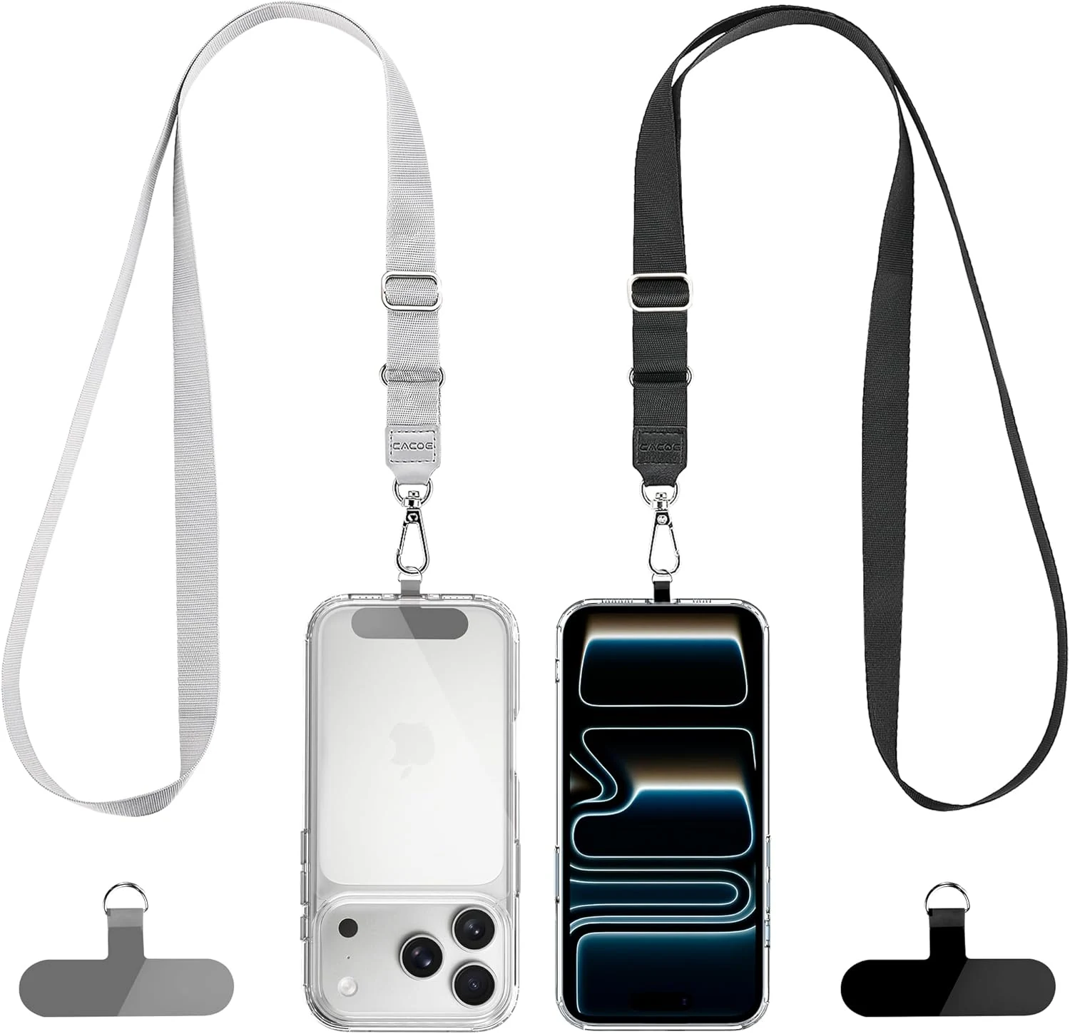 CACOE Phone Lanyard 2 Pack-2× Adjustable Neck Strap,2×Patches,Universal Multifuctional Lanyards Compatible with Most Smartphones(Black+Gray)