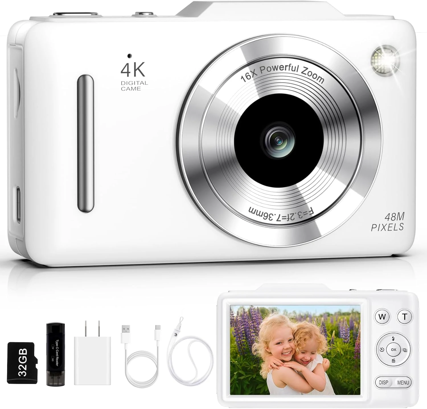 Digital Camera 4K Autofocus Vlogging Camera for Photography with 16X Zoom Anti Shake, 32GB Card, 48MP Compact Portable Point and Shoot Camera for Kids Boys Girls Teens Beginner (White)
