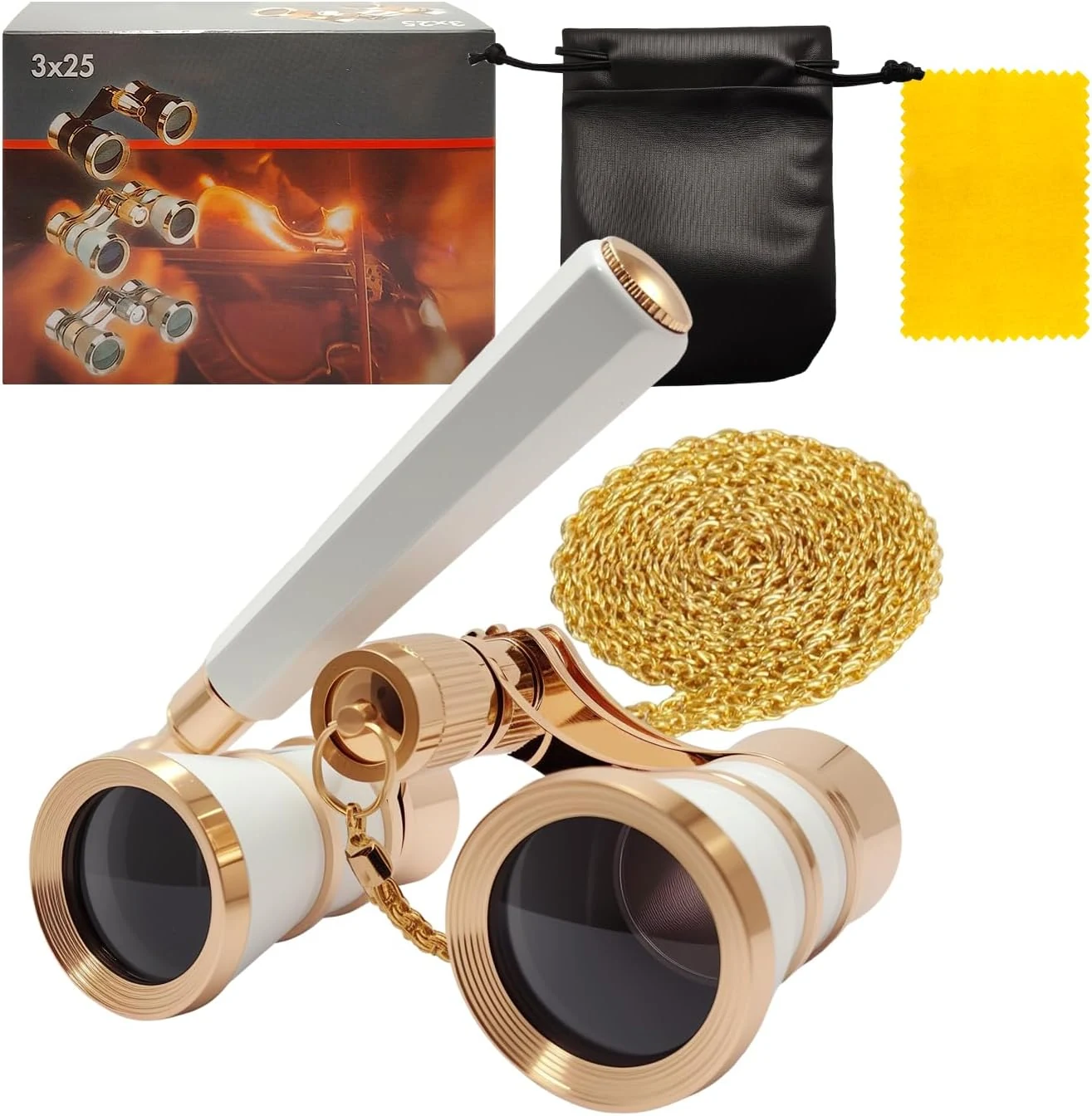 3X25 Opera Glasses Theater Binoculars with Adjustable Handle & Chain, Small Elegant Glasses for Adults Women Vintage Portable Costume Binoculars for Musical Concerts Cinema (White)