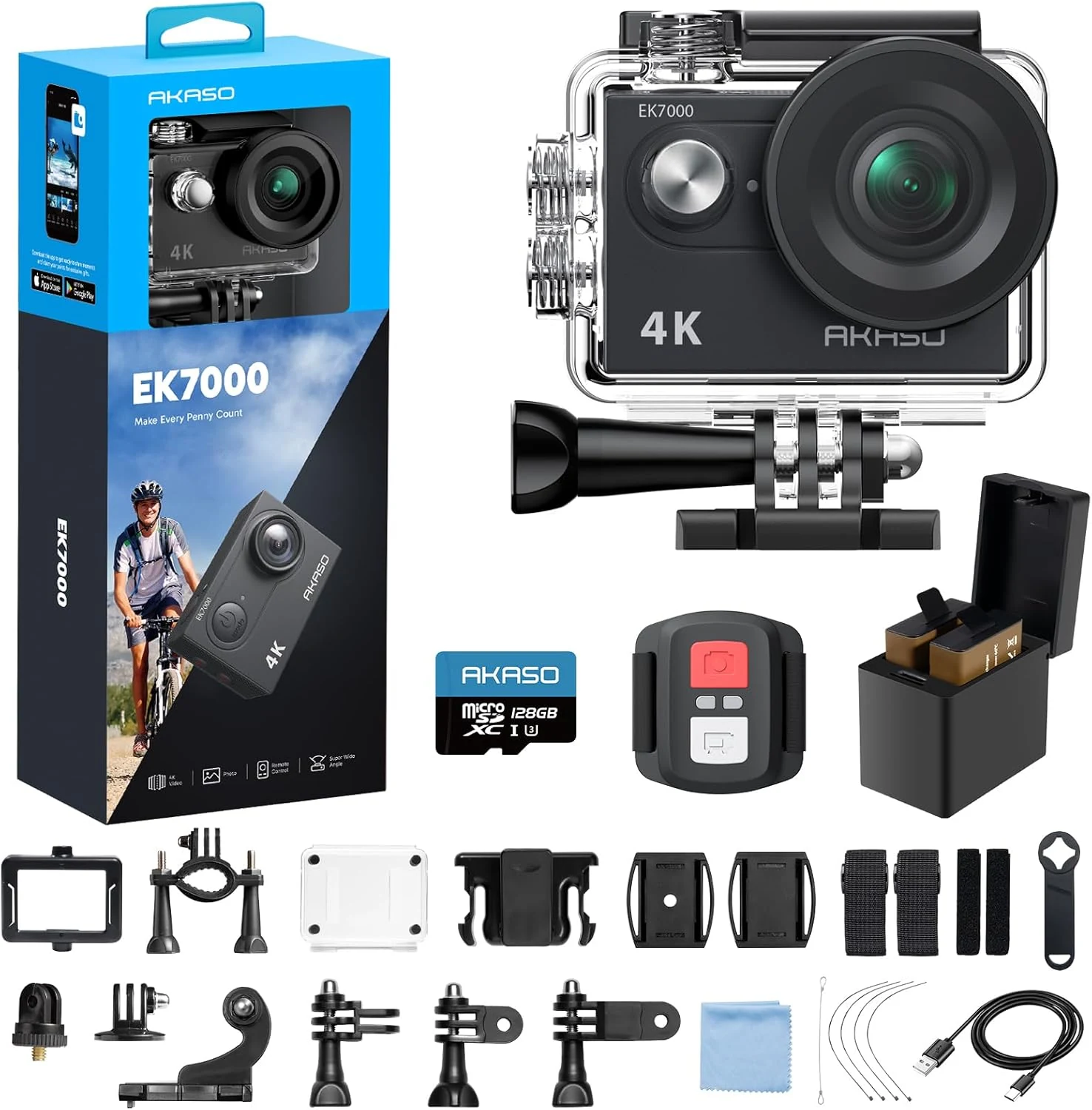 AKASO EK7000 4K30fps Action Camera with 128GB MicroSDXC U3 Memory Card Accessories Kit Bundle