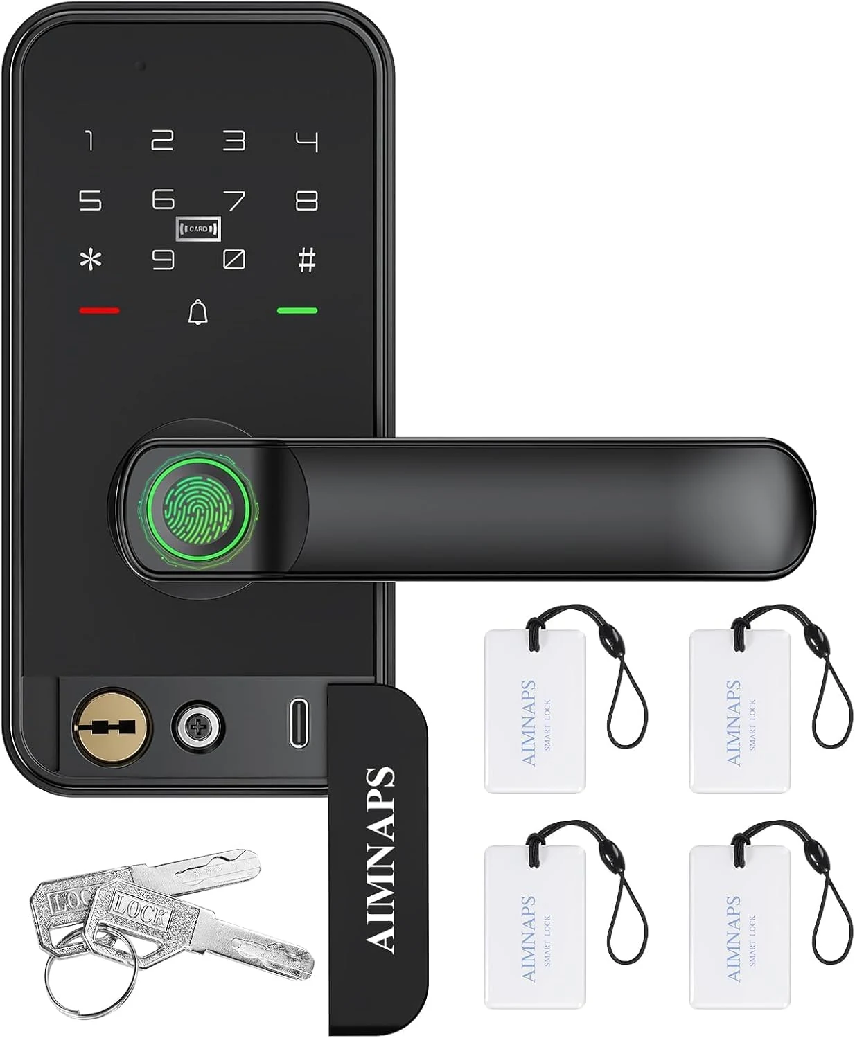 Keyless Entry Door Lock with Handle, Door Locks for Bedroom, Auto Lock, Fingerprint Door Knob with Key, Passcode, Digital Smart Code & Front Handle Sets-Black
