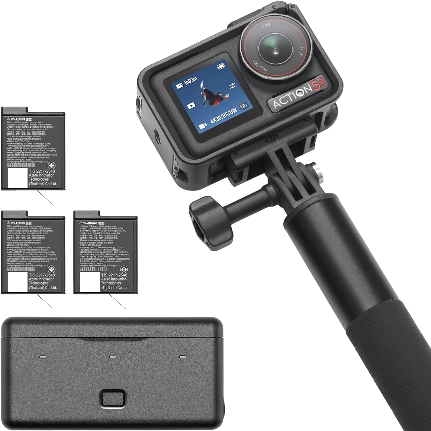 DJI Osmo Action 5 Pro Adventure Combo, Waterproof Action Camera with 1/1.3" Sensor, 4K/120fps Video, Subject Tracking, 12h Extended Battery Life with 3 Batteries, 1.5m Extension Rod, Battery Case