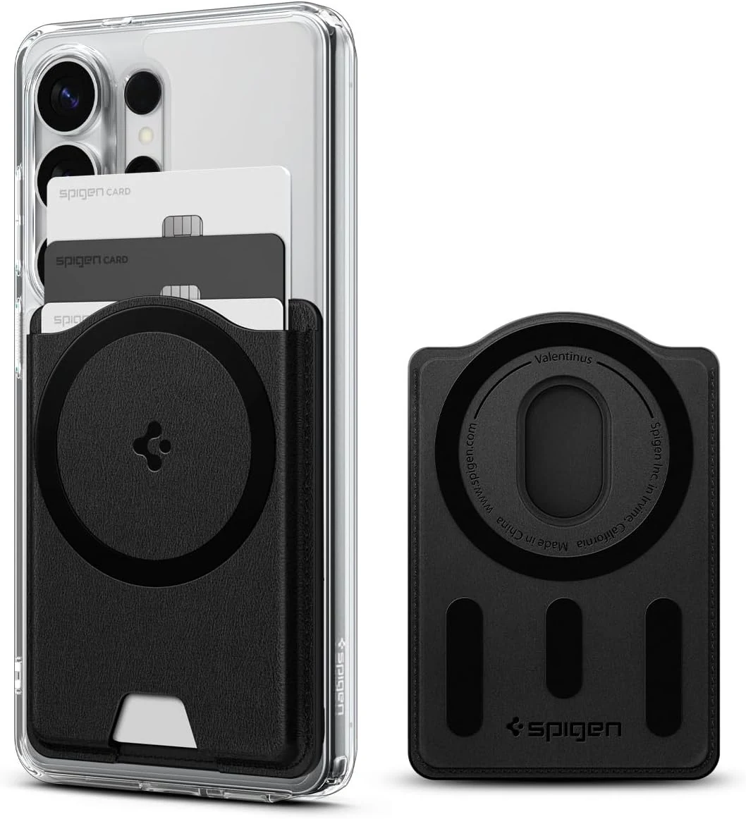 Spigen for MagSafe Wallet, Holds 3 Cards, Compatible with Galaxy S26/S25/S24 Ultra/Edge/Plus, Z Fold 7, Pixel 10a/Pro XL/Fold, iPhone 17-12, Plaud Note, Card Holder - PU Black (MagFit+)